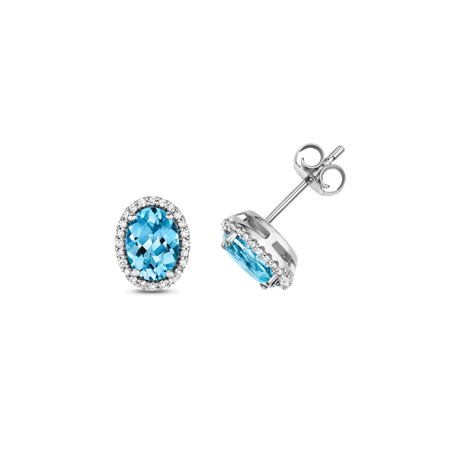 DIAMOND & SWISS BLUE TOPAZ OVAL CLUSTER STUDS IN 9CT WHITE Gold In New Condition For Sale In Ilford, GB