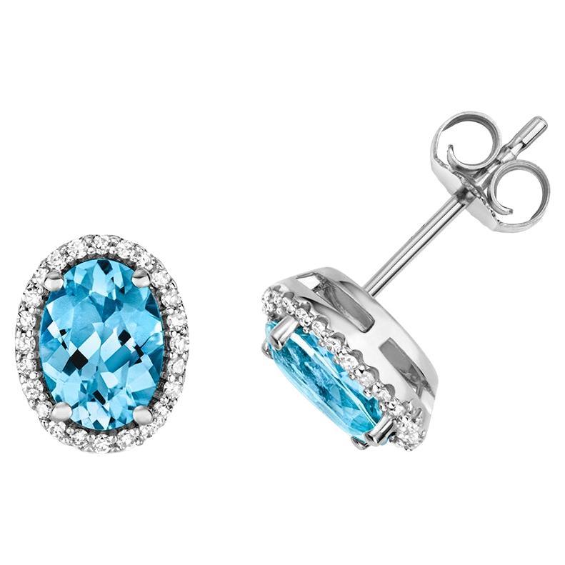 DIAMOND & SWISS BLUE TOPAZ OVAL CLUSTER STUDS IN 9CT WHITE Gold For Sale