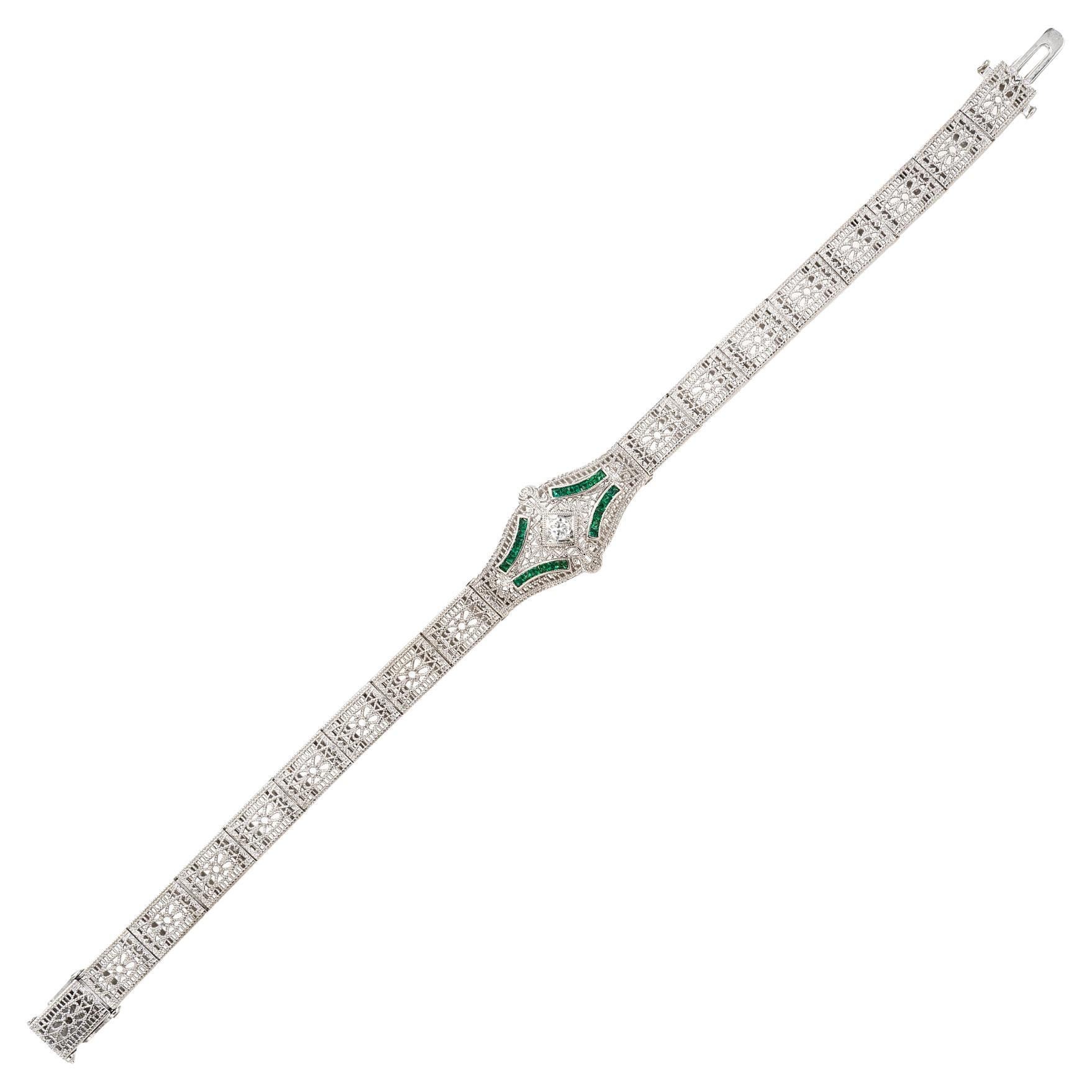 Brazalete de oro blanco 14 Platino Filigrana Esmeralda Sintética Diamante en venta