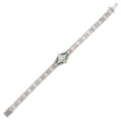 Antique Diamond Synthetic Emerald Filigree Platinum 14 White gold Braclet