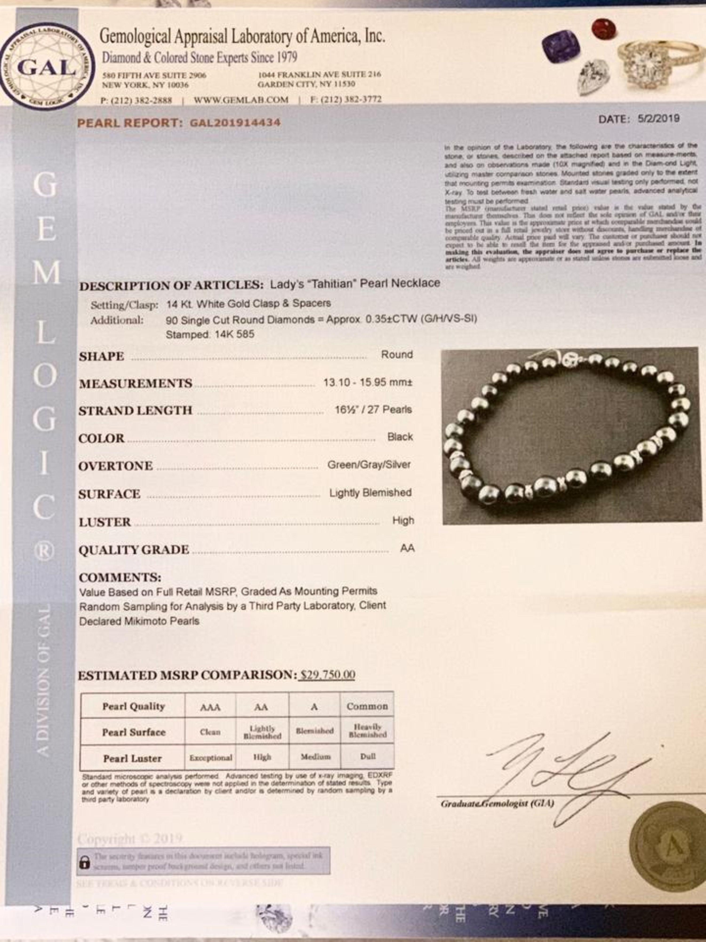 Diamond Tahitian Pearl 14k Gold Necklace Certified For Sale 4