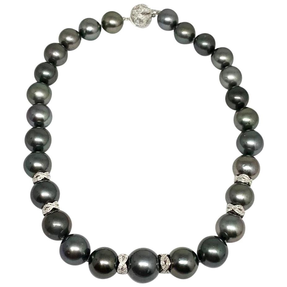 Diamond Tahitian Pearl 14k Gold Necklace 16 mm 16.5" Certified