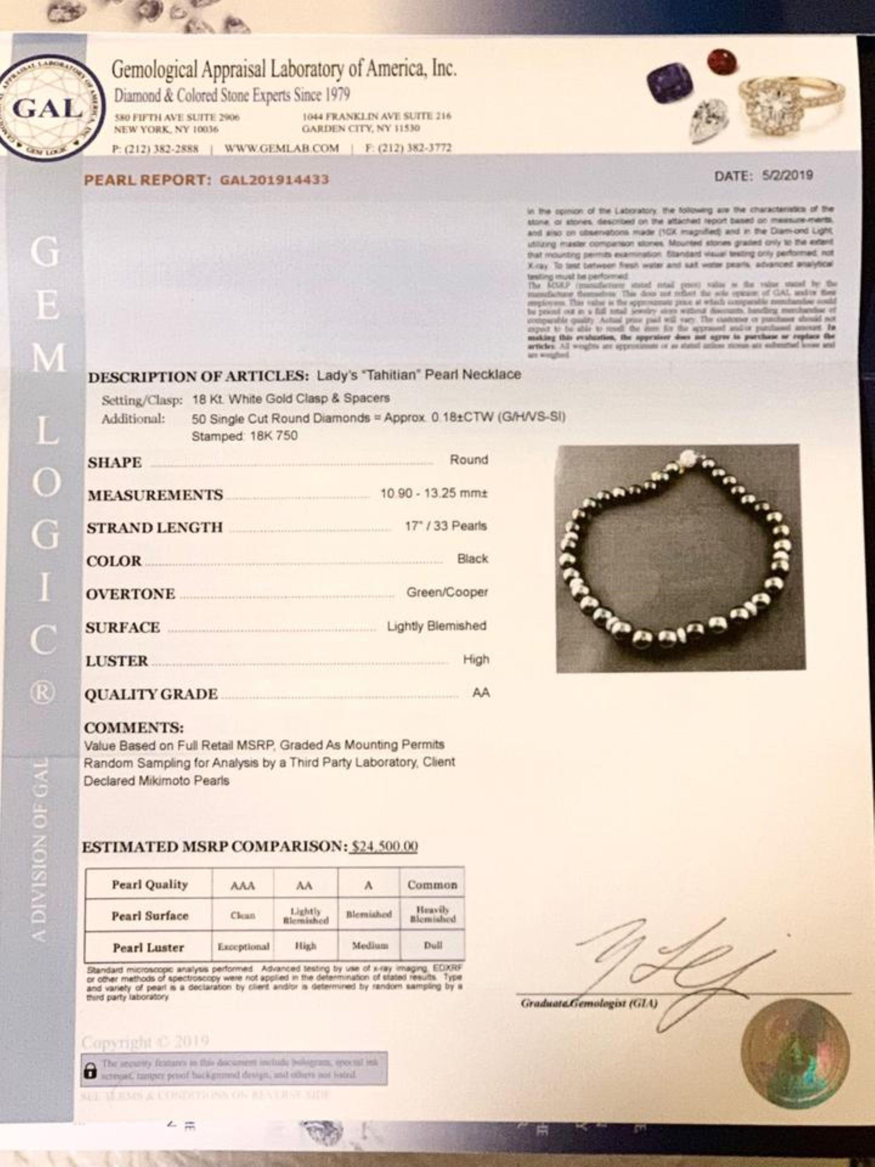Diamond Tahitian Pearl 18k Gold Necklace Certified For Sale 4
