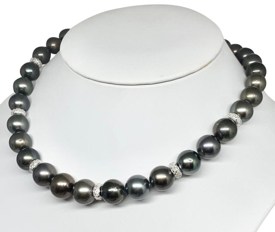 Diamond Tahitian Pearl 18k Gold Necklace Certified For Sale 2