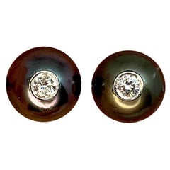 Diamond Tahitian Pearl Cufflinks 14k Gold Designer Certified