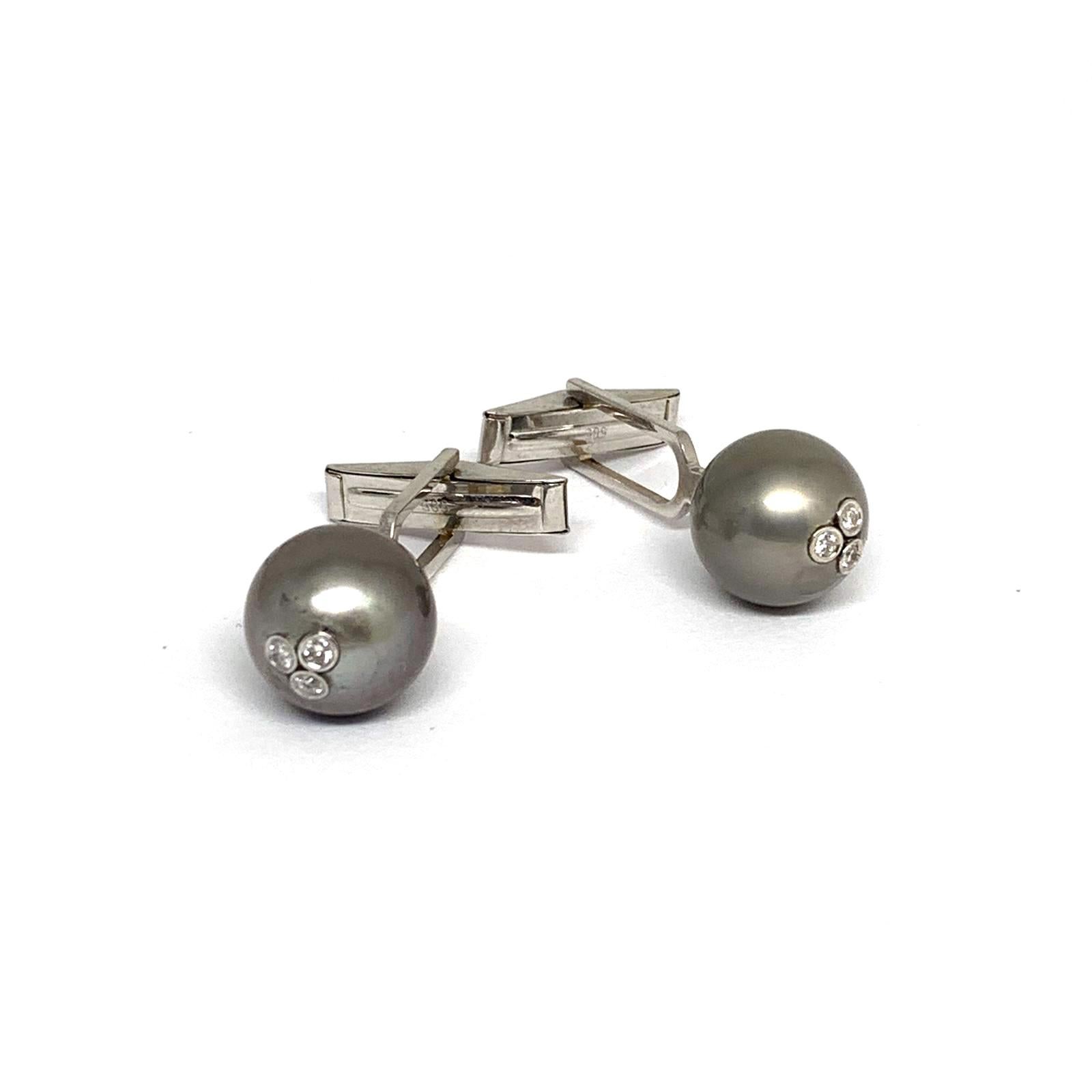 Diamond Tahitian Pearl Cufflinks 14k White Gold Designer Certified In New Condition In Brooklyn, NY