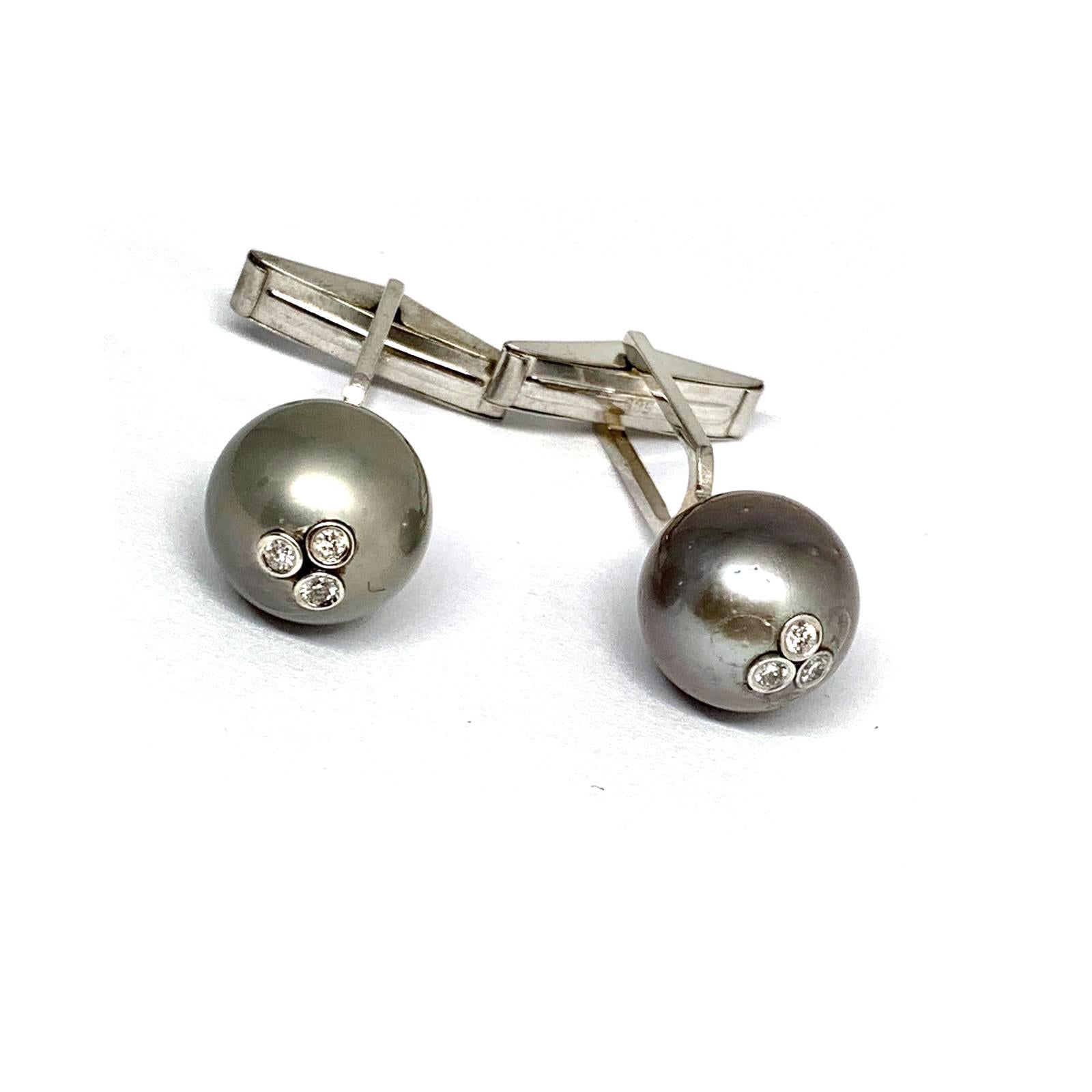 Diamond Tahitian Pearl Cufflinks 14k White Gold Designer Certified 1