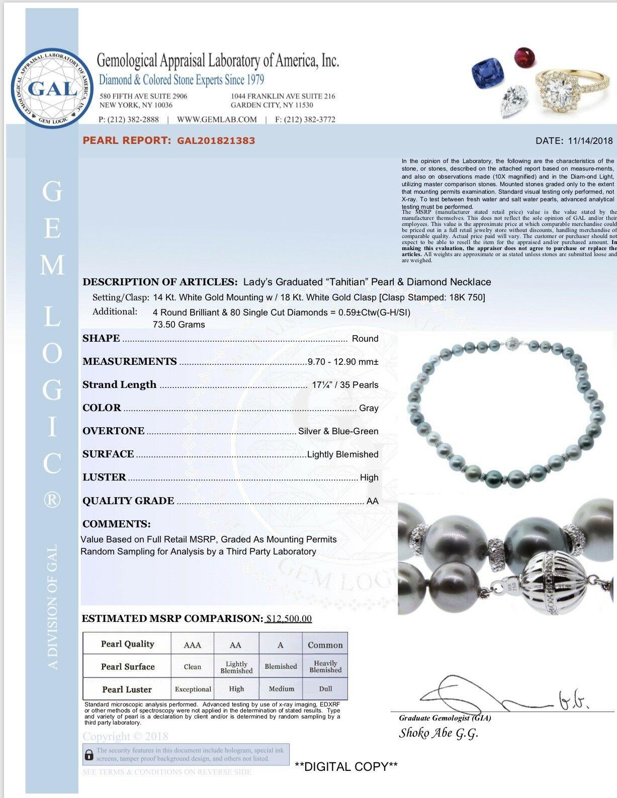 Diamond Tahitian Pearl Necklace 18k Gold Certified For Sale 4