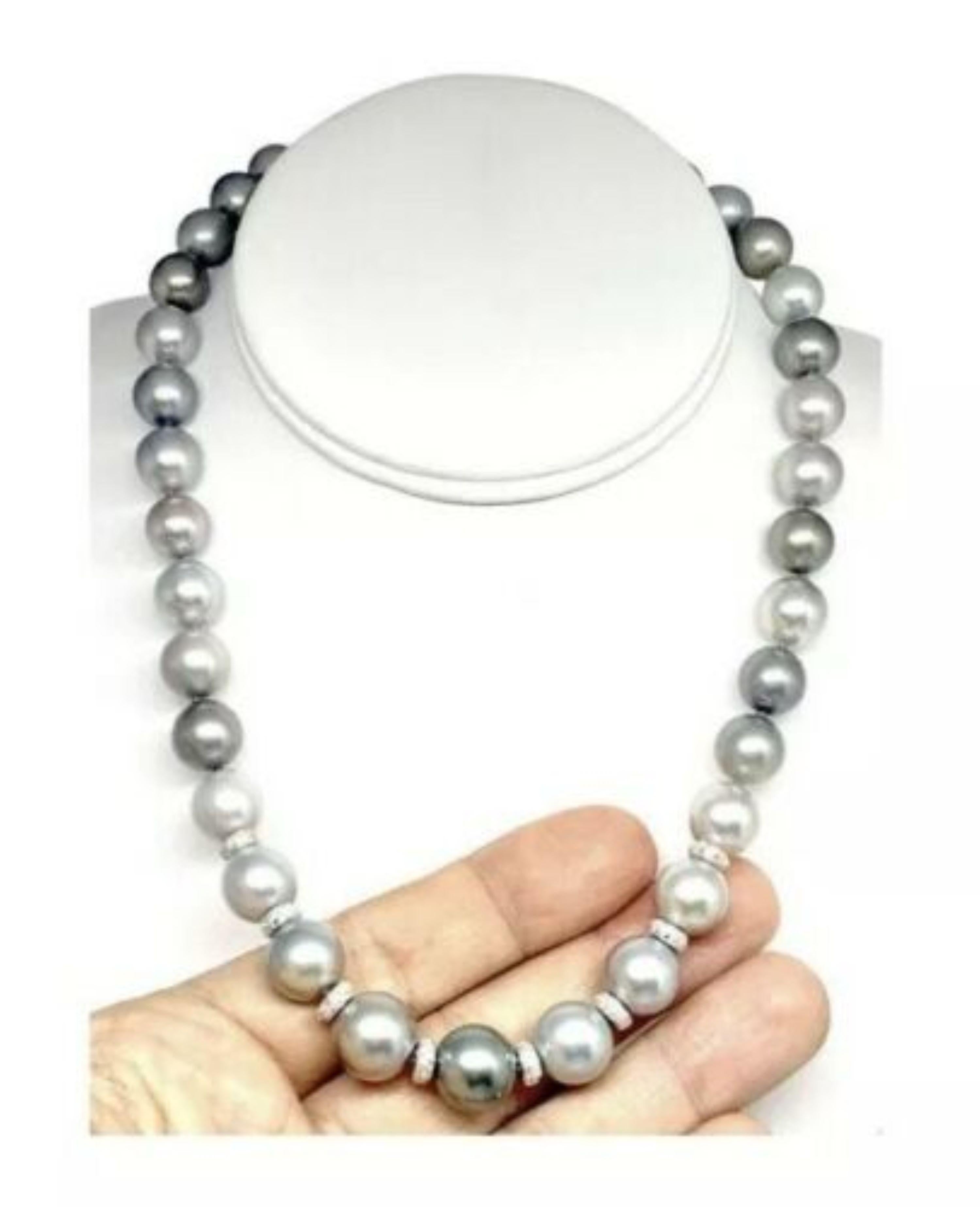 Modern Diamond Tahitian Pearl Necklace 18k Gold Certified For Sale