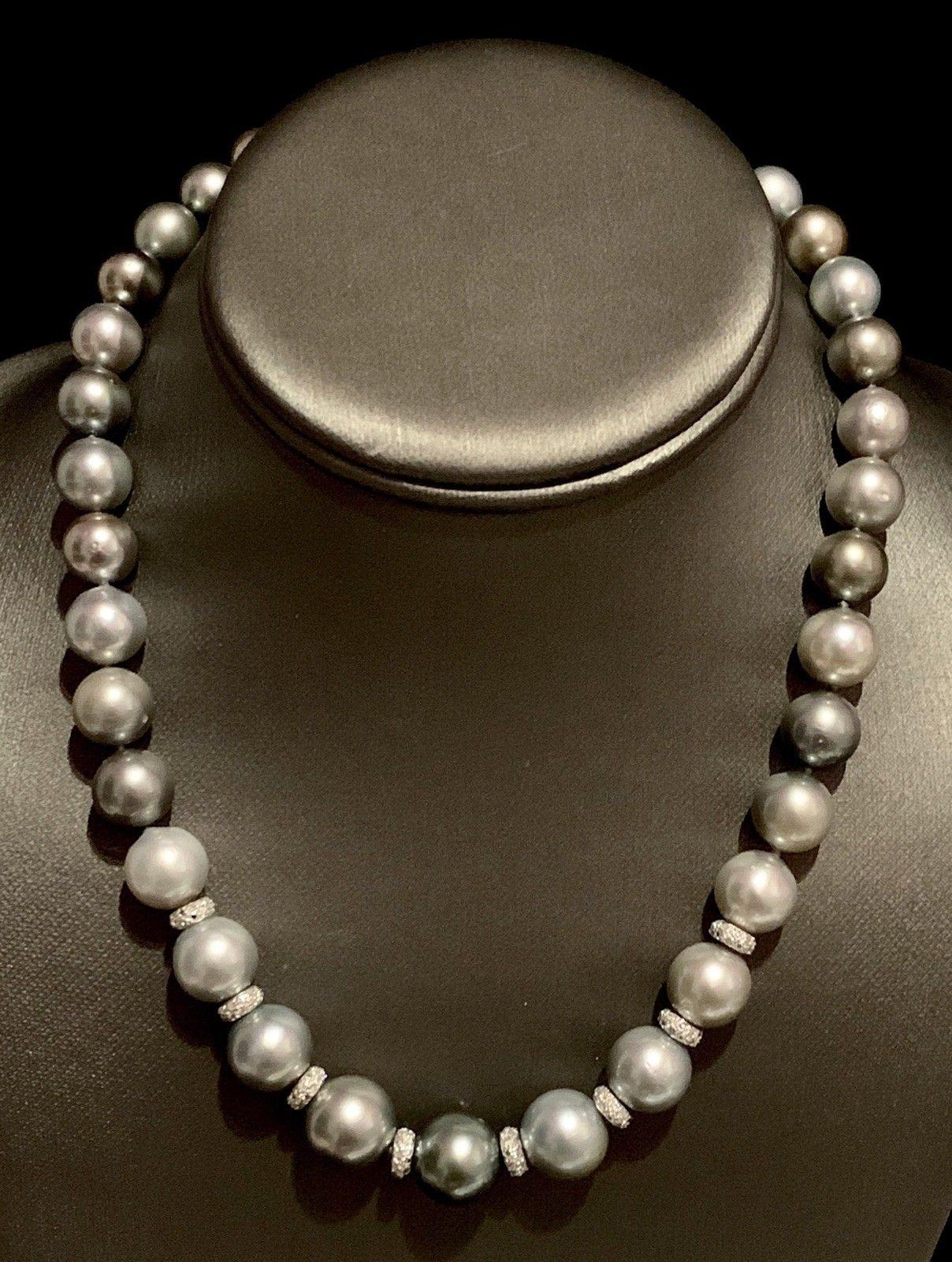 Diamond Tahitian Pearl Necklace 18k Gold Certified For Sale 2
