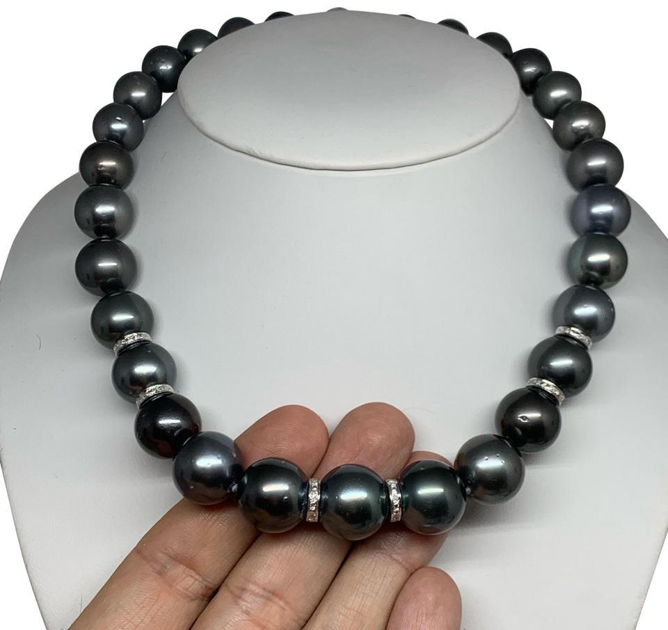 Diamond Tahitian Pearl Necklace 14 Karat Gold Certified For Sale 1