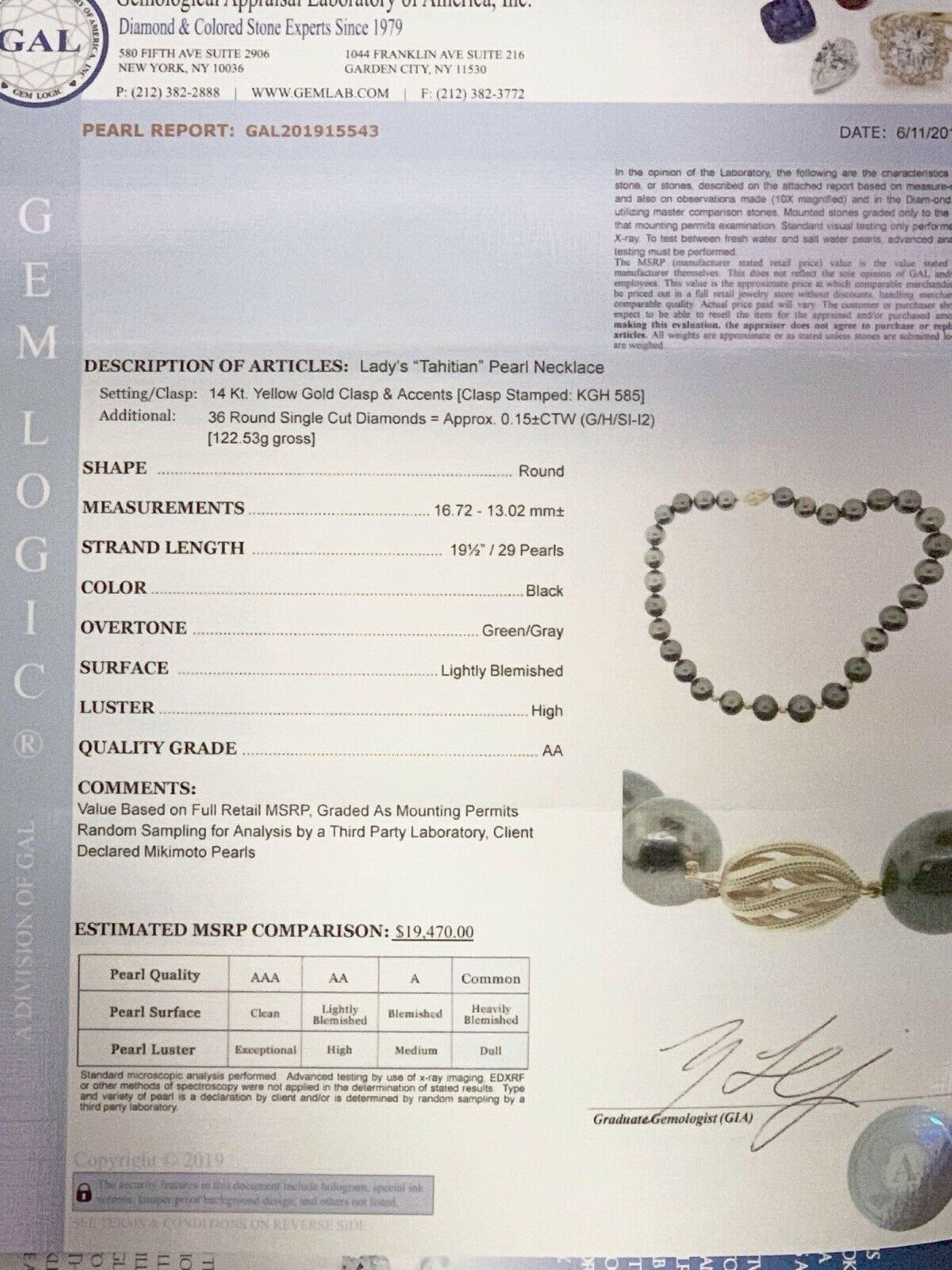 Diamond Tahitian Pearl Necklace 14k Gold Certified For Sale 3