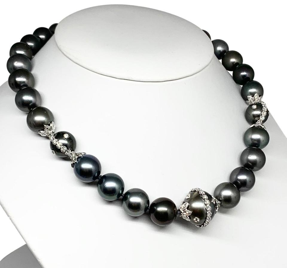 Diamond Tahitian Pearl Necklace 14k Gold Certified In New Condition For Sale In Brooklyn, NY