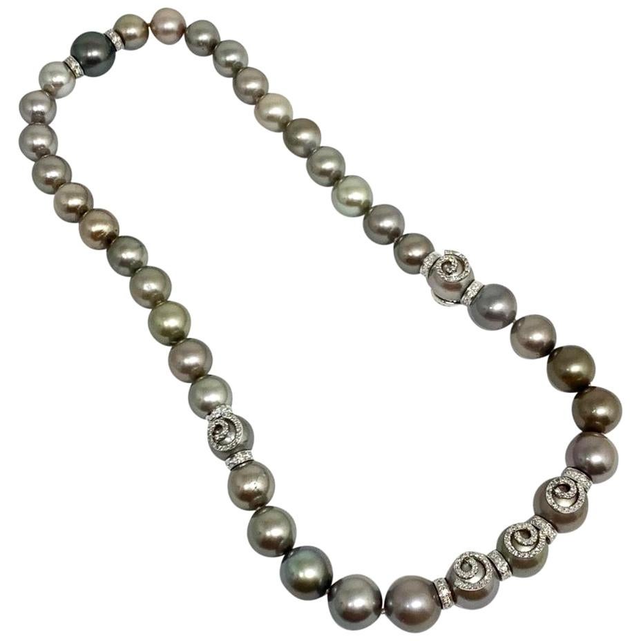 Diamond Tahitian Pearl Necklace 14k Gold 11.6 mm Certified