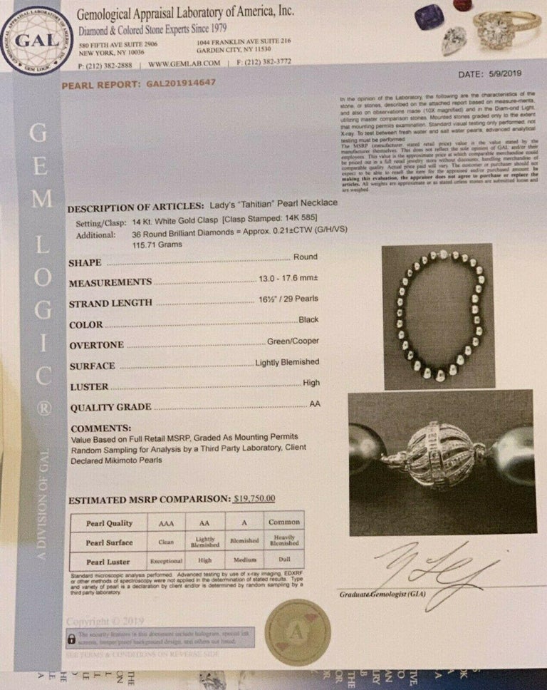 Diamond Tahitian Pearl Necklace 14k Gold 17.6 mm 16.5