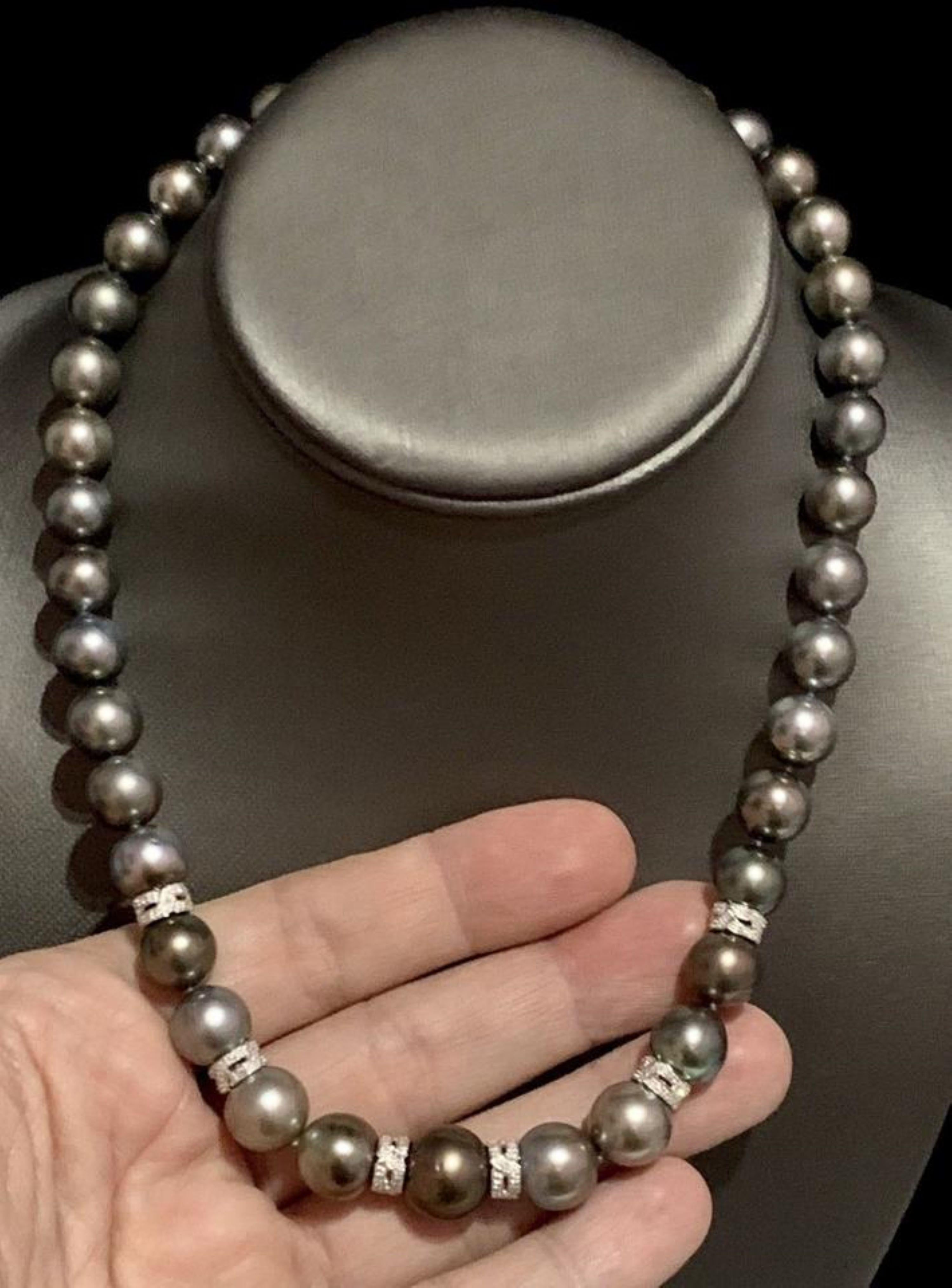 Collier de perles de Tahiti en or 18 carats et diamants de 12,9 mm, certifié 18 pouces en vente 6