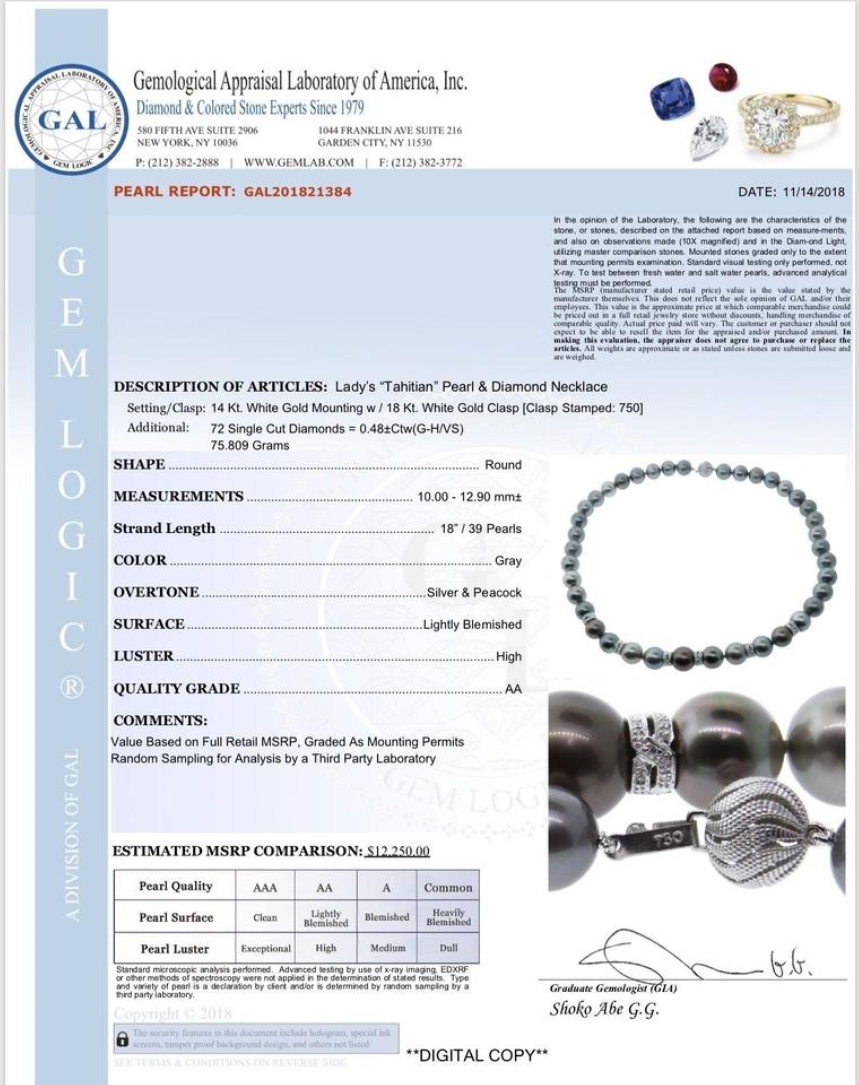 Collier de perles de Tahiti en or 18 carats et diamants de 12,9 mm, certifié 18 pouces en vente 10
