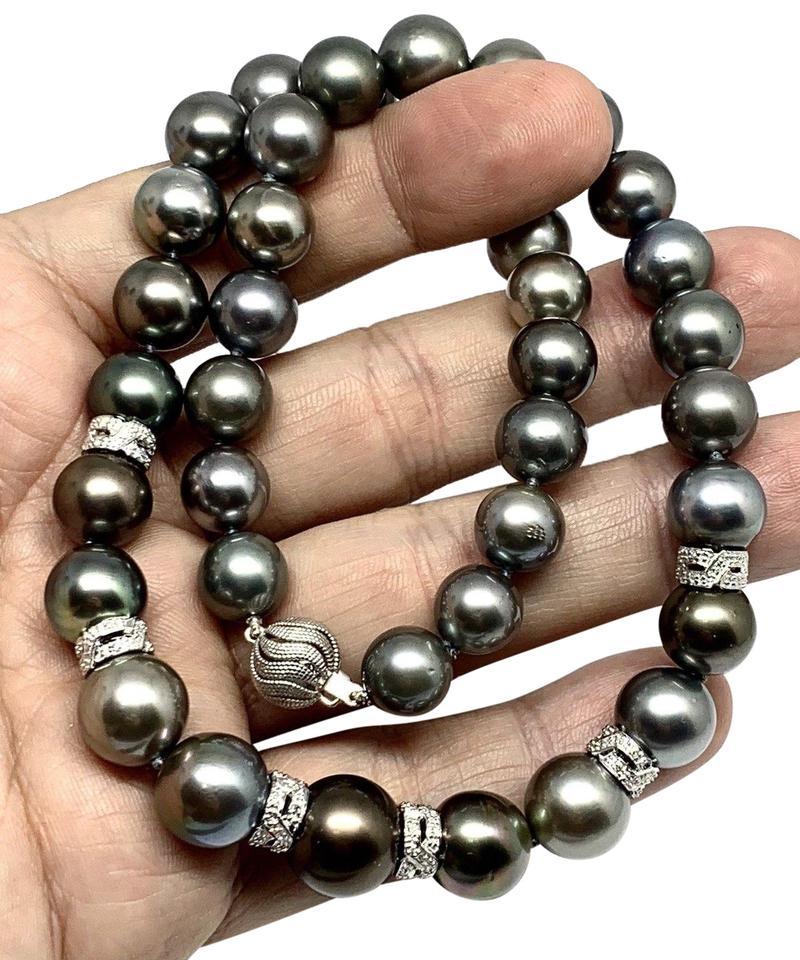 Moderne Collier de perles de Tahiti en or 18 carats et diamants de 12,9 mm, certifié 18 pouces en vente
