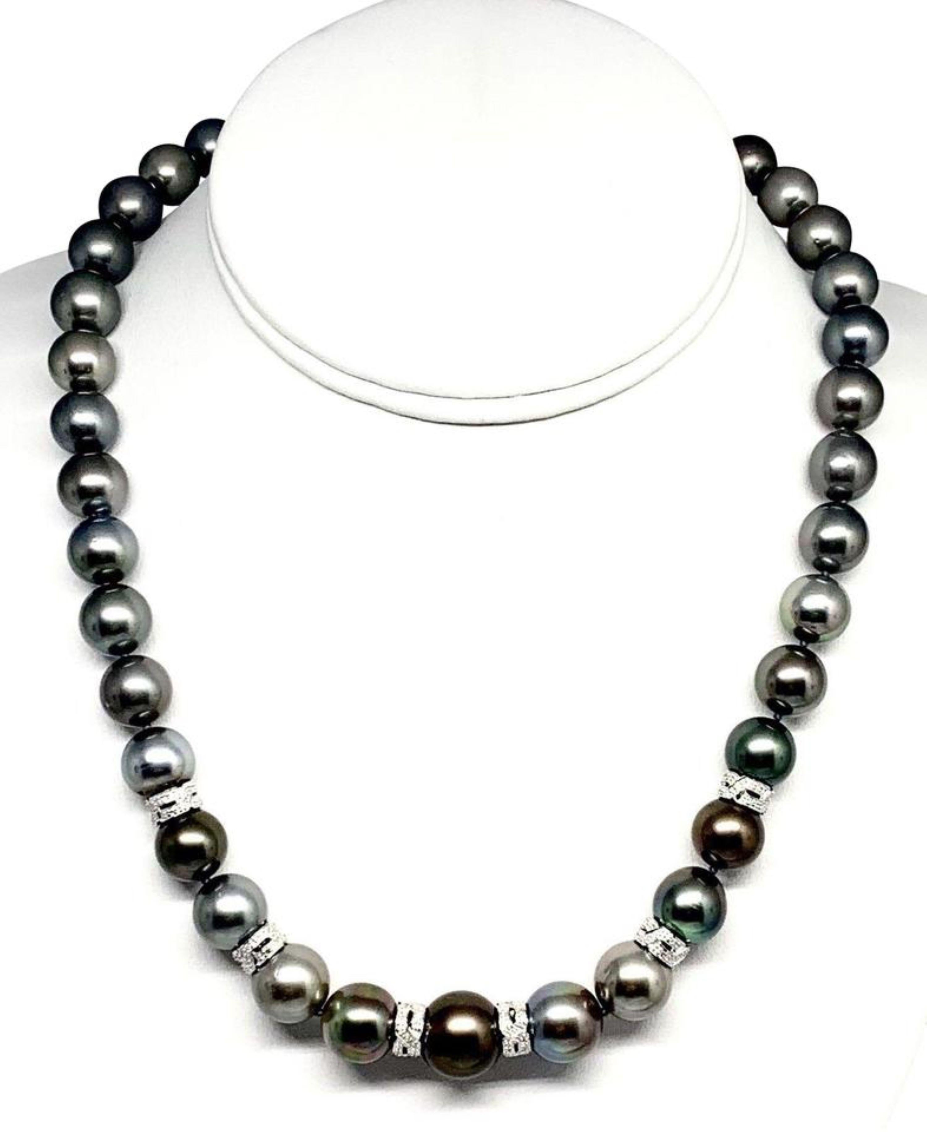 Collier de perles de Tahiti en or 18 carats et diamants de 12,9 mm, certifié 18 pouces Pour femmes en vente