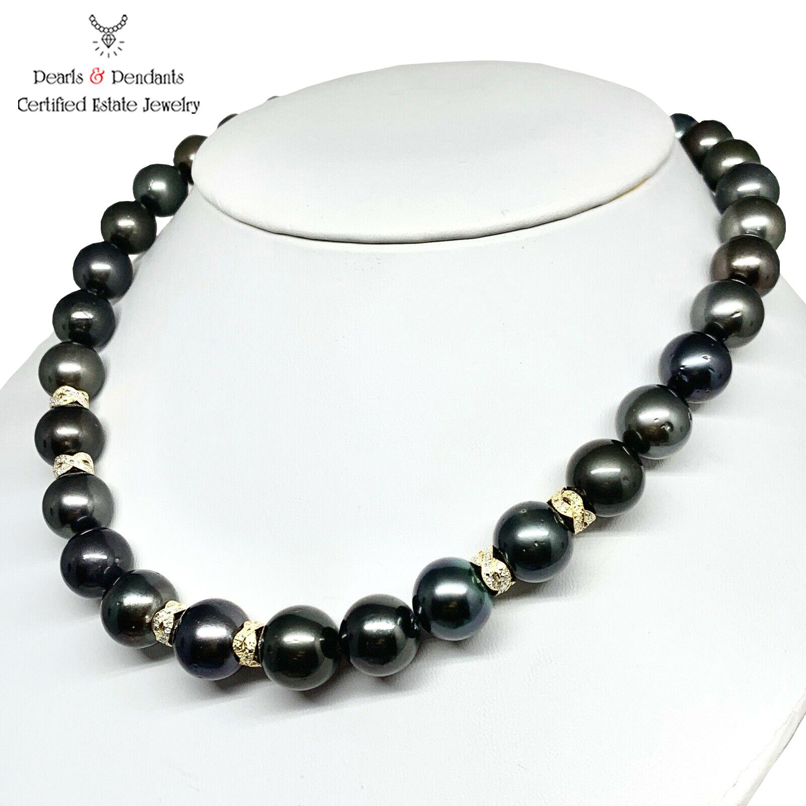 Fine Quality Tahitian Pearl Diamond Necklace 18k Gold 13.07 mm 17