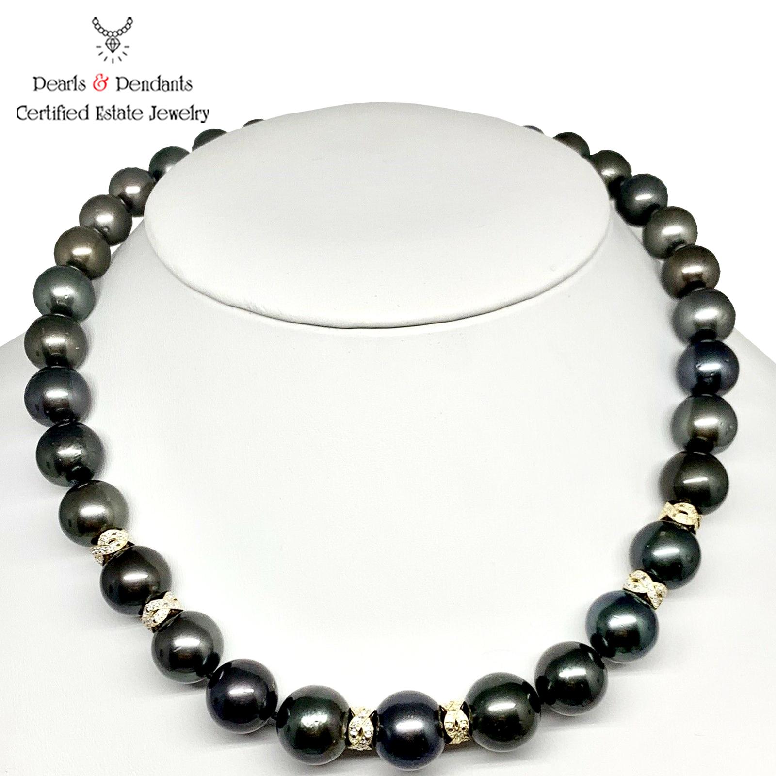 Modern Diamond Tahitian Pearl Necklace 18k Gold Certified