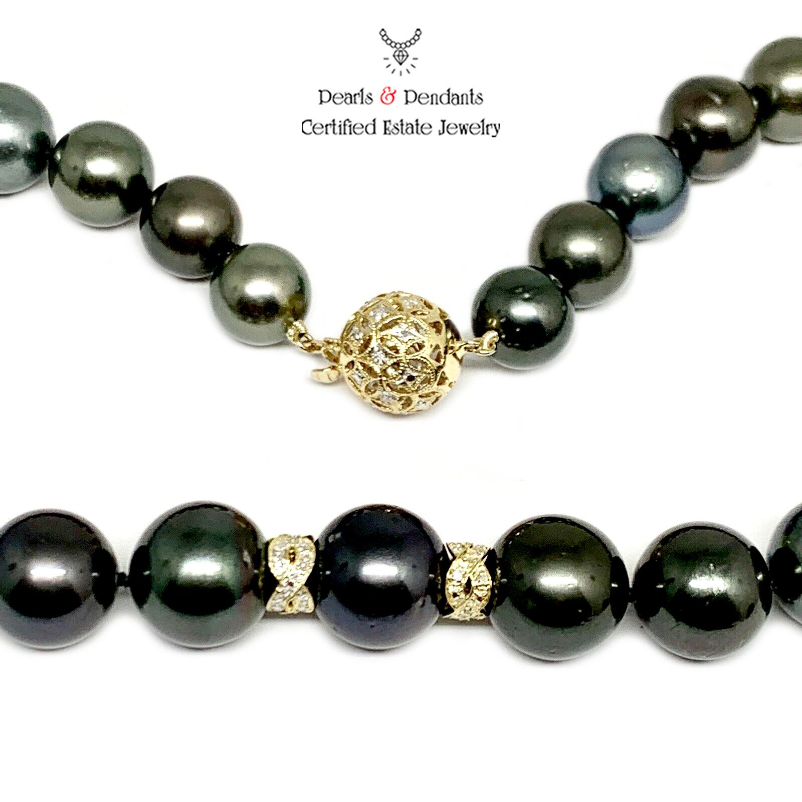Diamond Tahitian Pearl Necklace 18k Gold Certified In New Condition In Brooklyn, NY