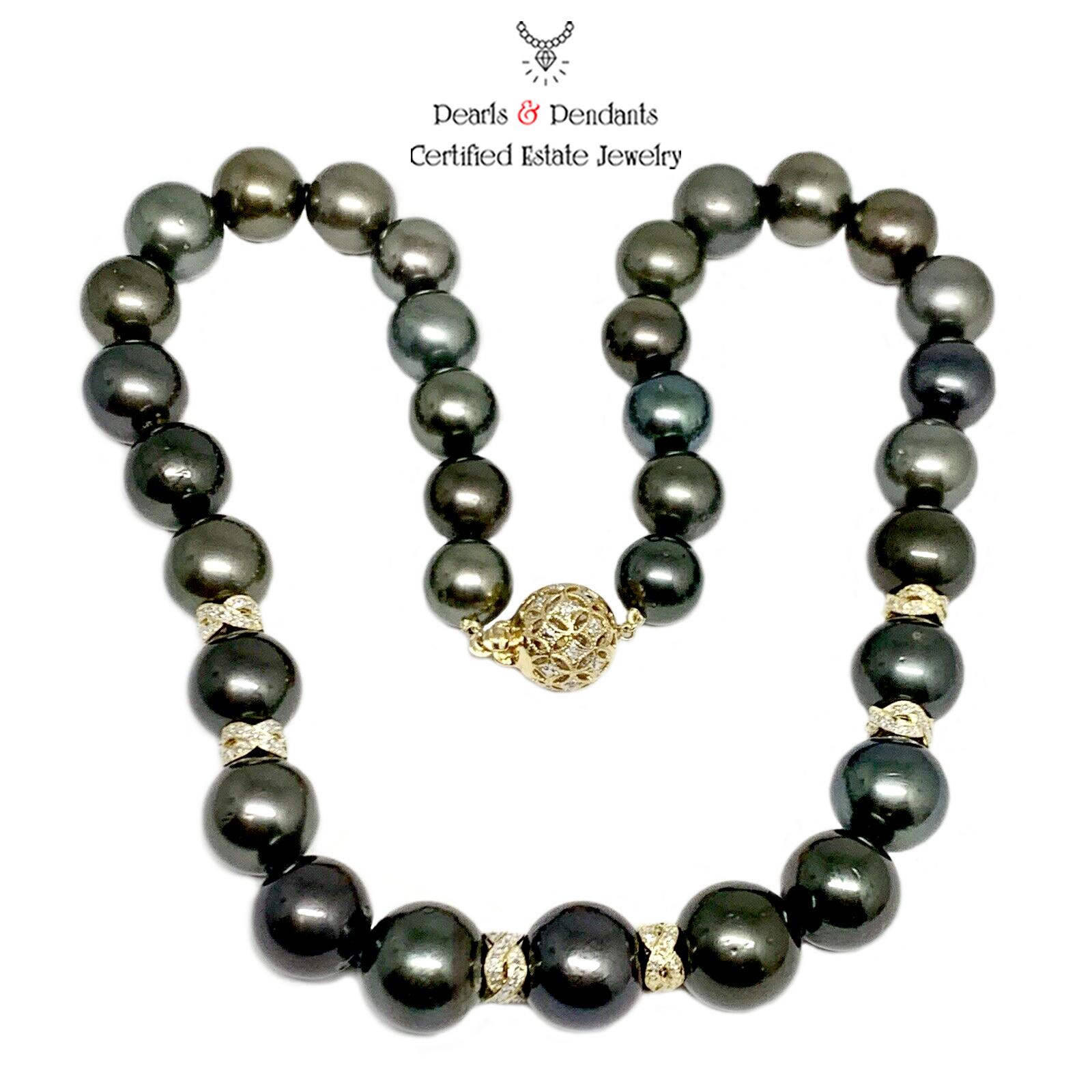 Women's Diamond Tahitian Pearl Necklace 18k Gold Certified