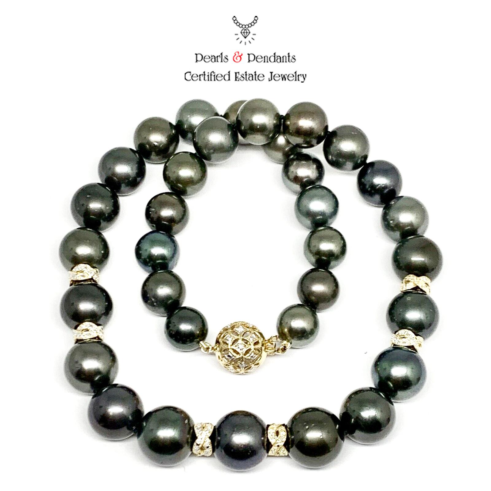 Diamond Tahitian Pearl Necklace 18k Gold Certified 1