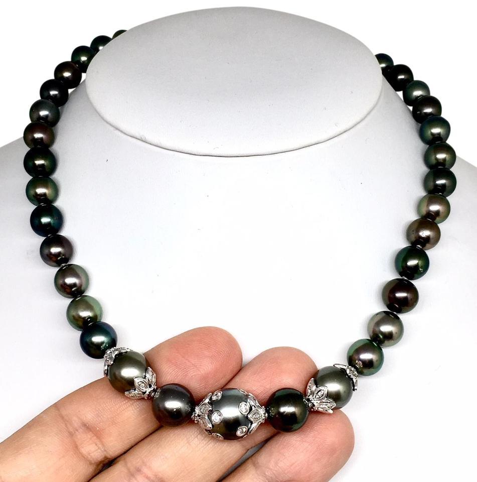 Fine Quality Tahitian Pearl Diamond Necklace 18k Gold 13.25 mm 17