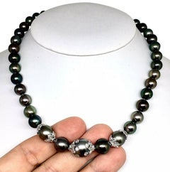 Diamond Tahitian Pearl Necklace 18k Gold 13.25 mm 17" Certified