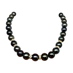 Diamond Tahitian Pearl Necklace 18k Gold 13.07 mm 17" Certified