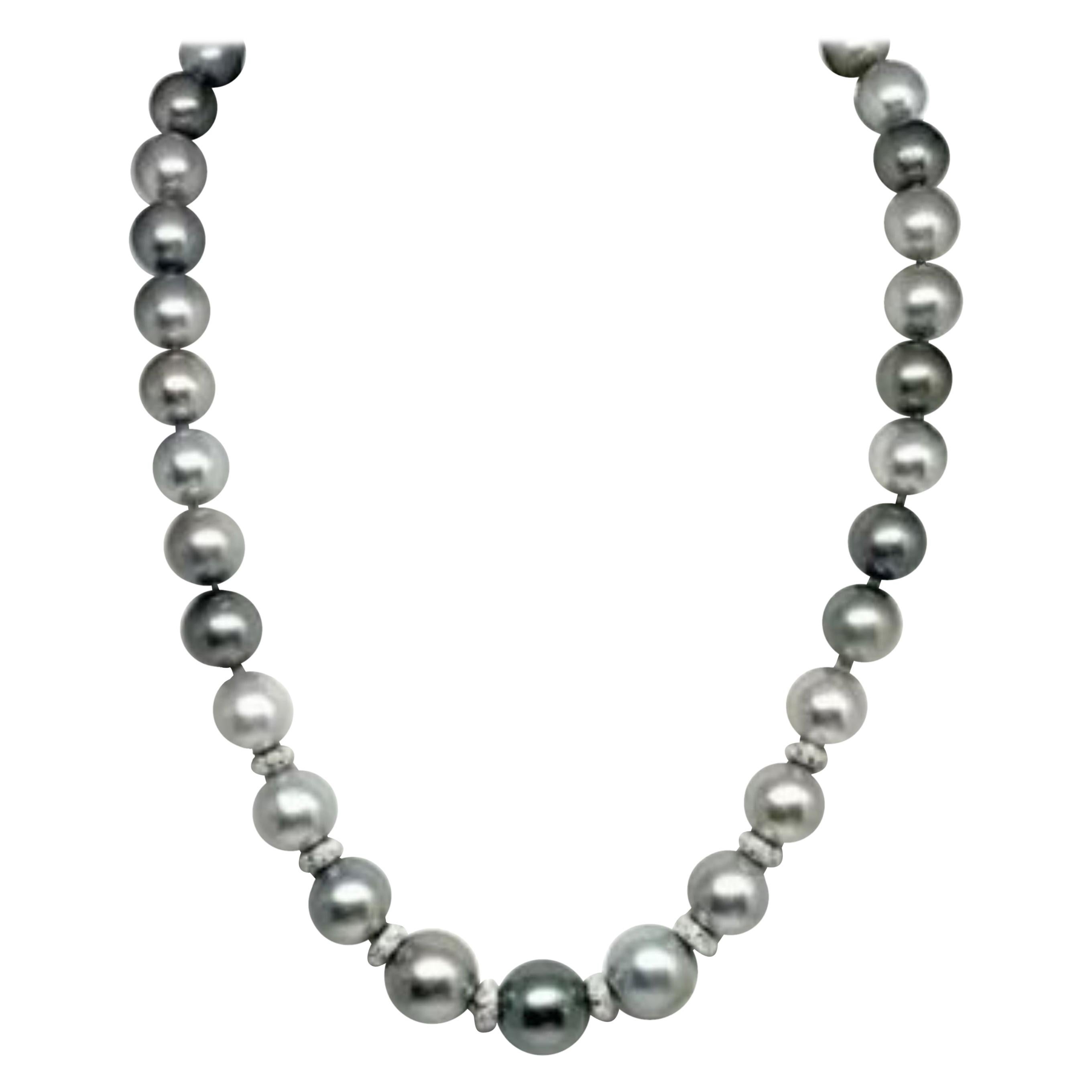 Diamant-Halskette mit Tahiti-Perlen 12,9 mm 18k Gold 17,25"" zertifiziert