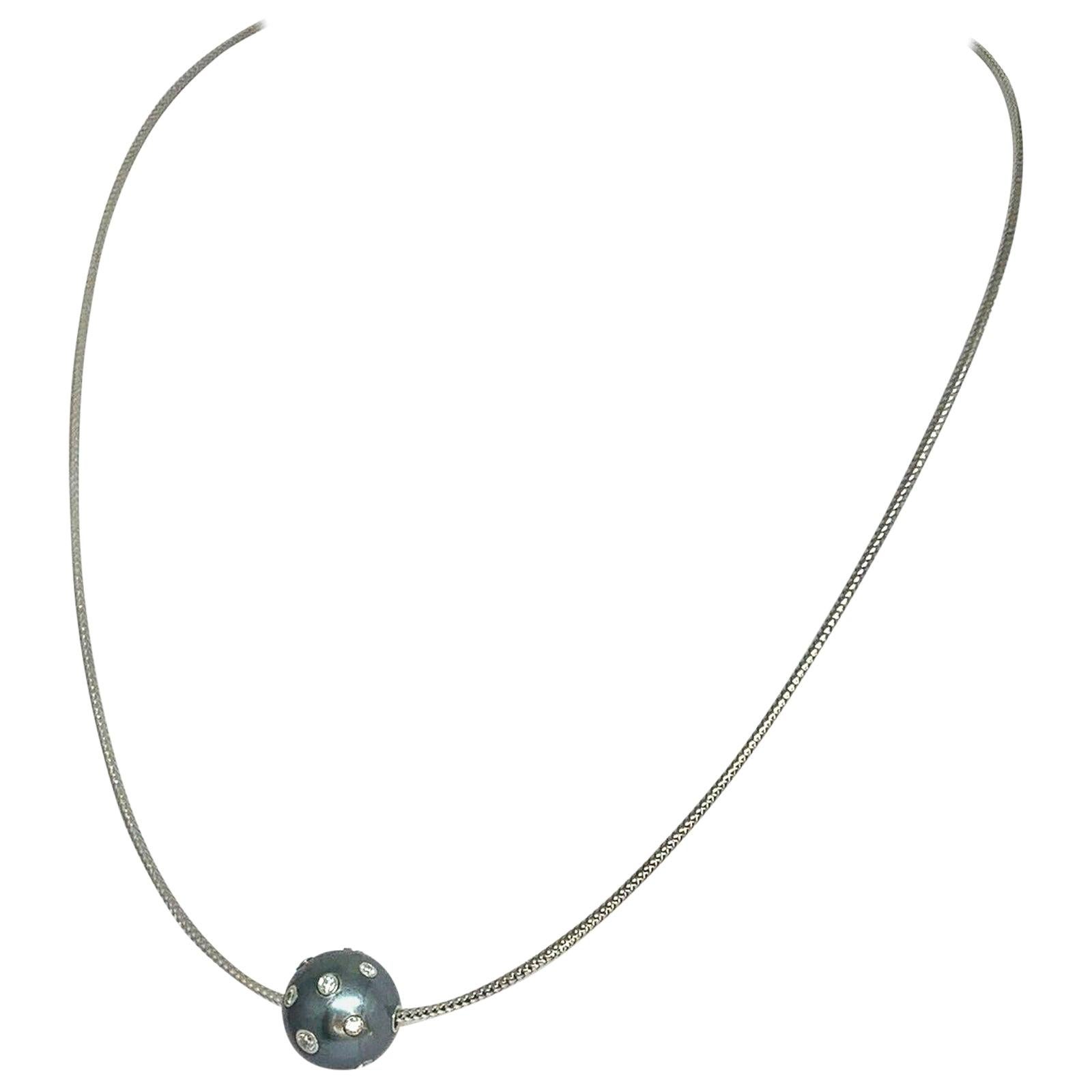 Diamond Tahitian South Sea Pearl Necklace 0.5 TCW 14k Gold Certified For Sale
