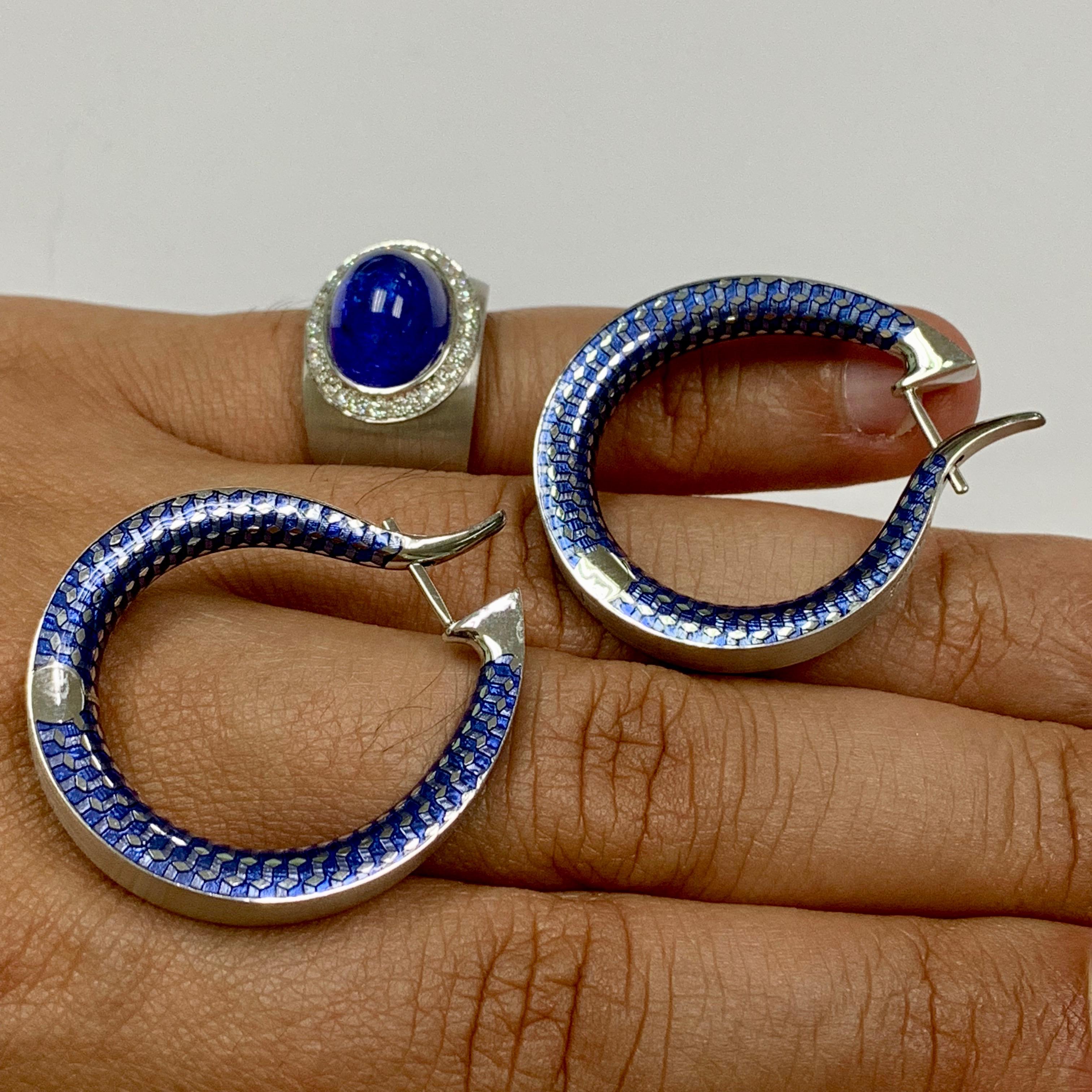 Diamond Tanzanite 18 Karat White Gold Kaleidoscope Enamel Ring Earrings Suite 2