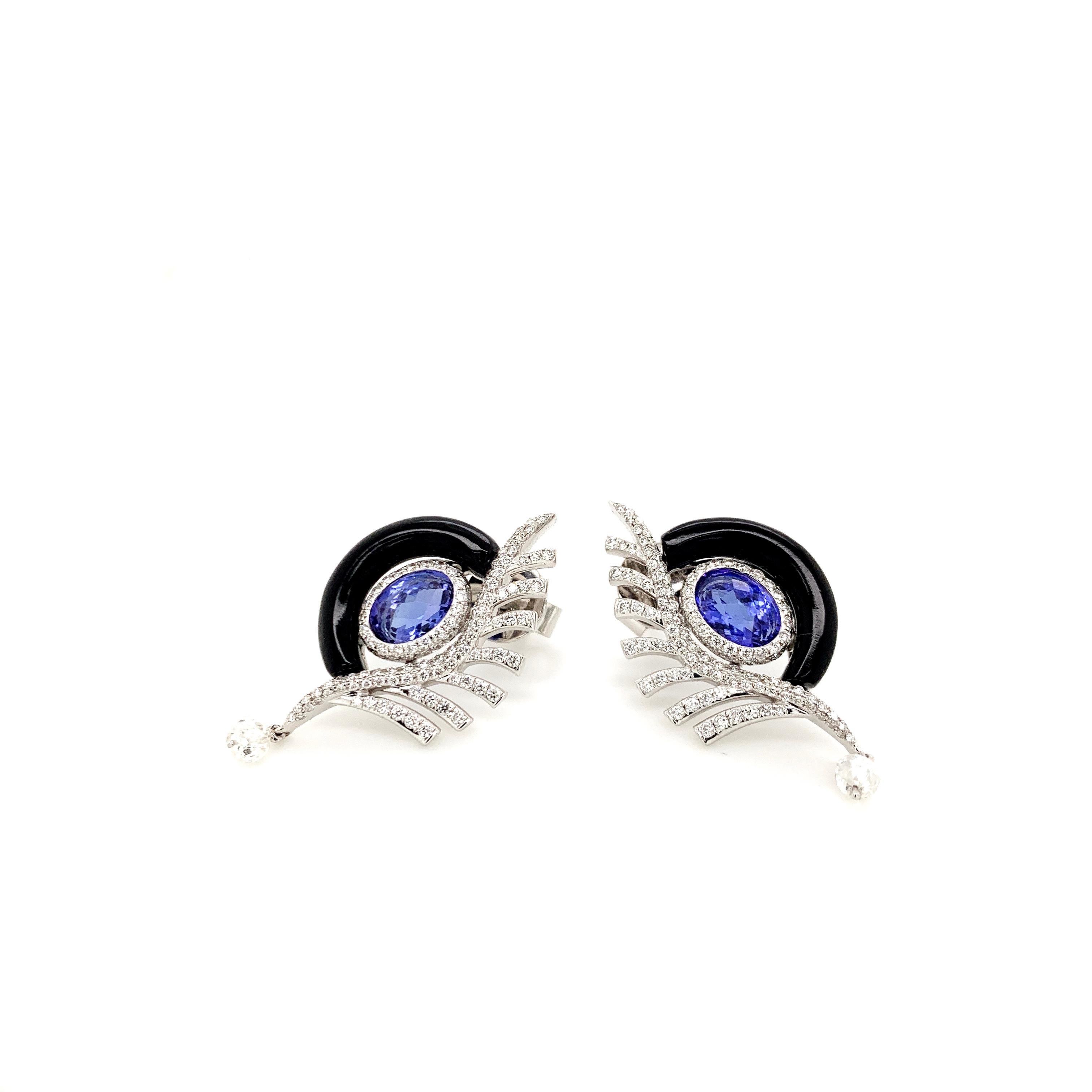 Contemporary Diamond, Tanzanite and Onyx Earrings in 18 Karat White Gold For Sale