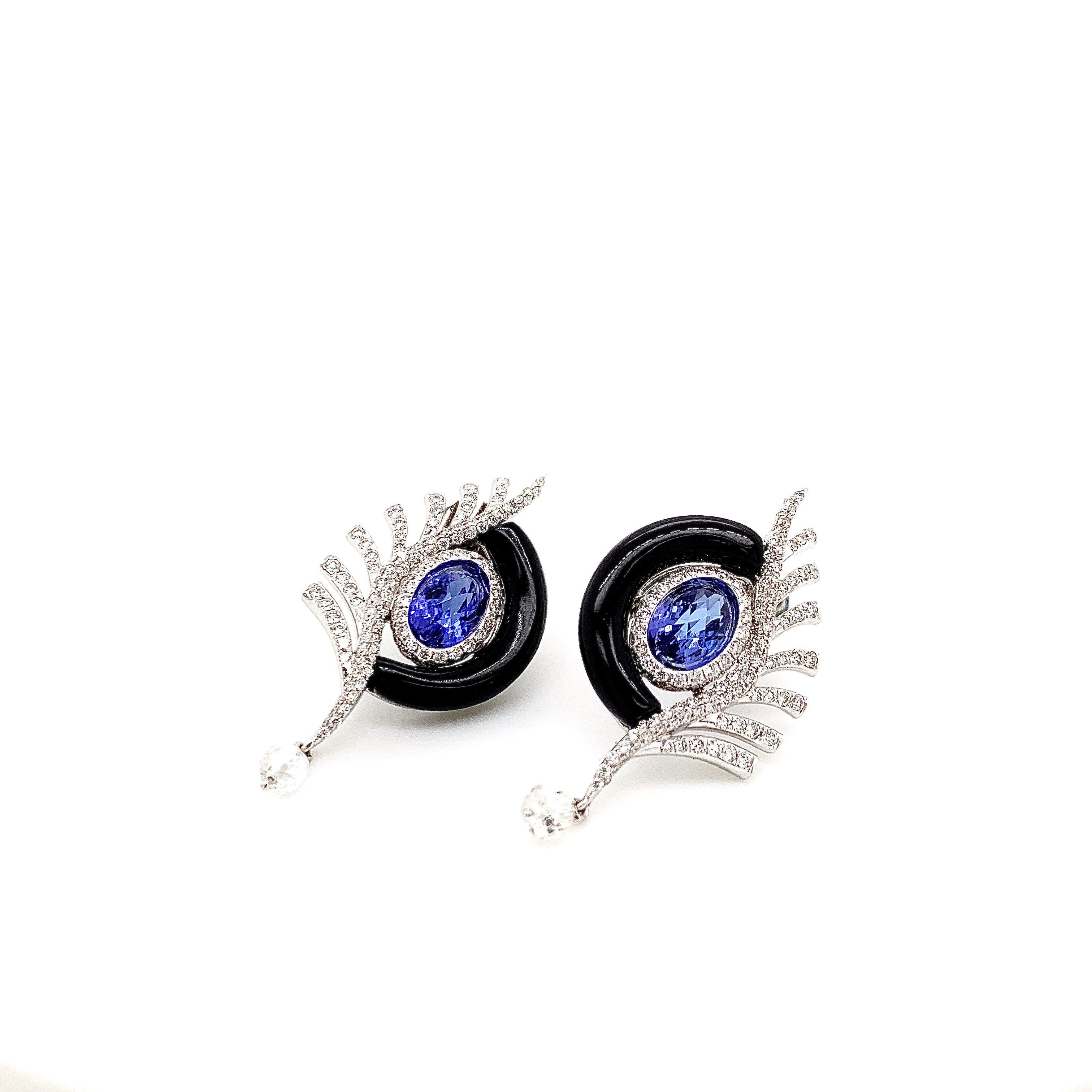 Oval Cut Diamond, Tanzanite and Onyx Earrings in 18 Karat White Gold For Sale