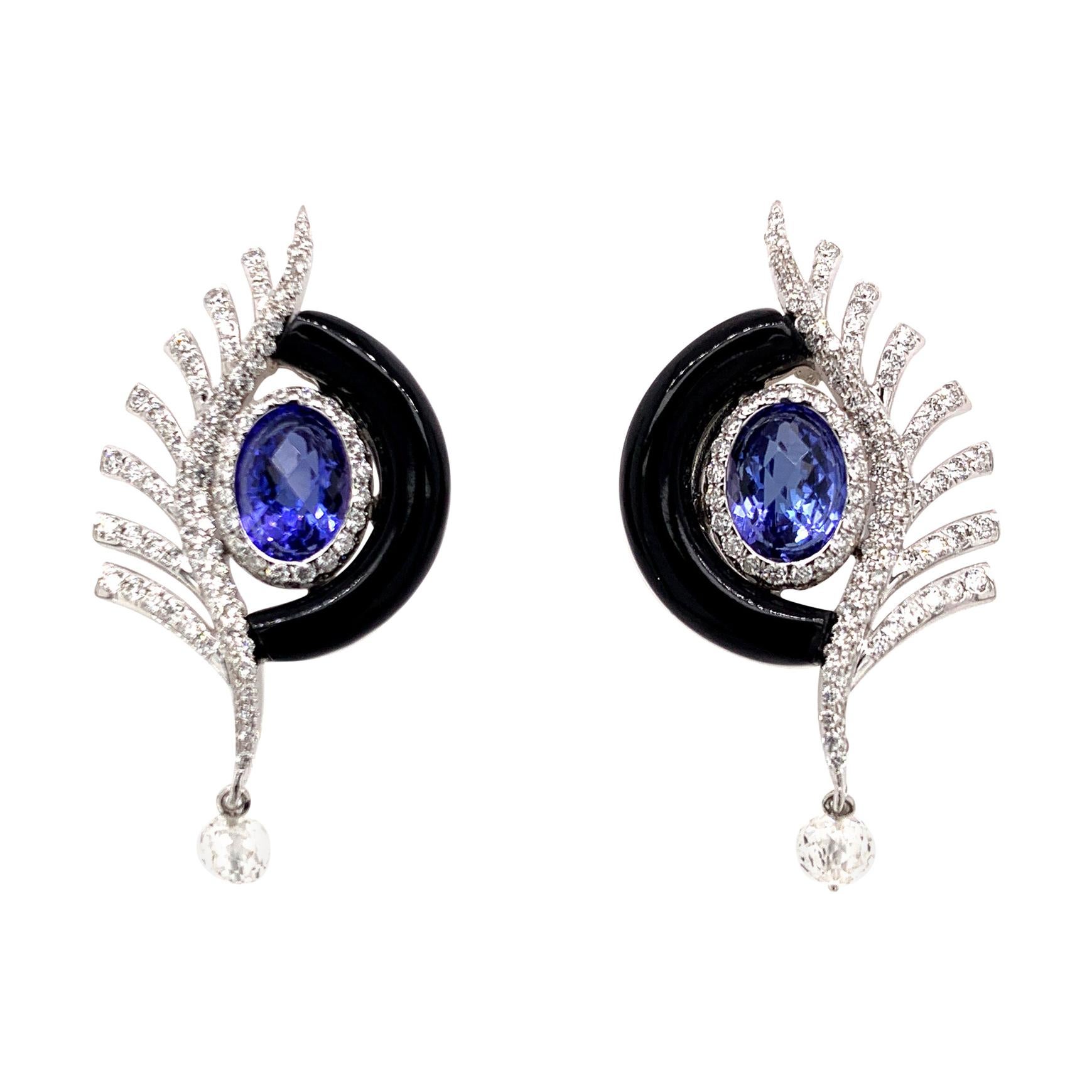 Diamond, Tanzanite and Onyx Earrings in 18 Karat White Gold For Sale