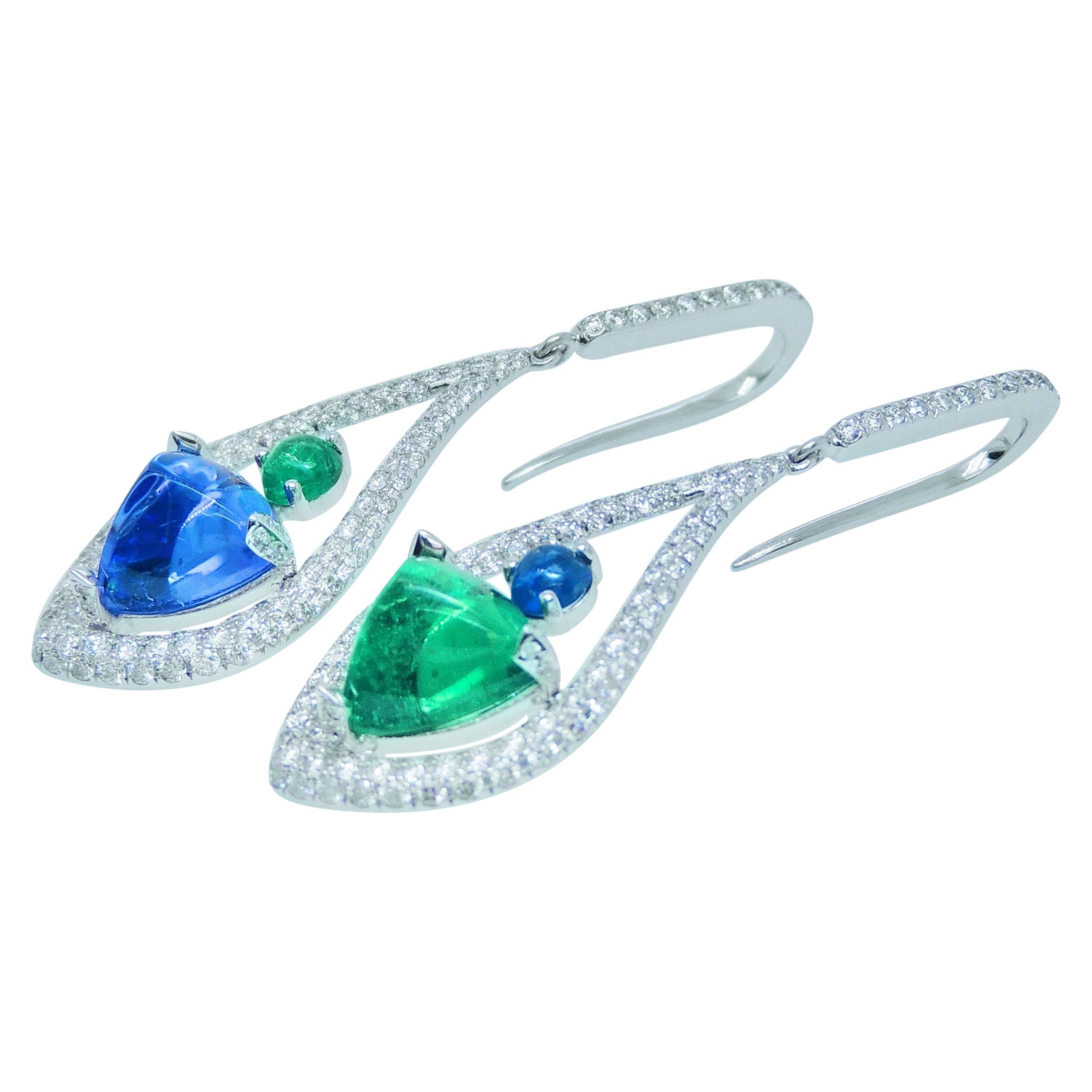 Diamond, Tanzanite and Tsavorite Earrings in 18 Karat White Gold