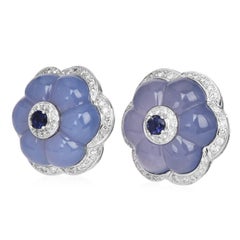 Diamond, tanzanite  & Blue Chalcedony 18K White Gold Flower Clip-On Earrings