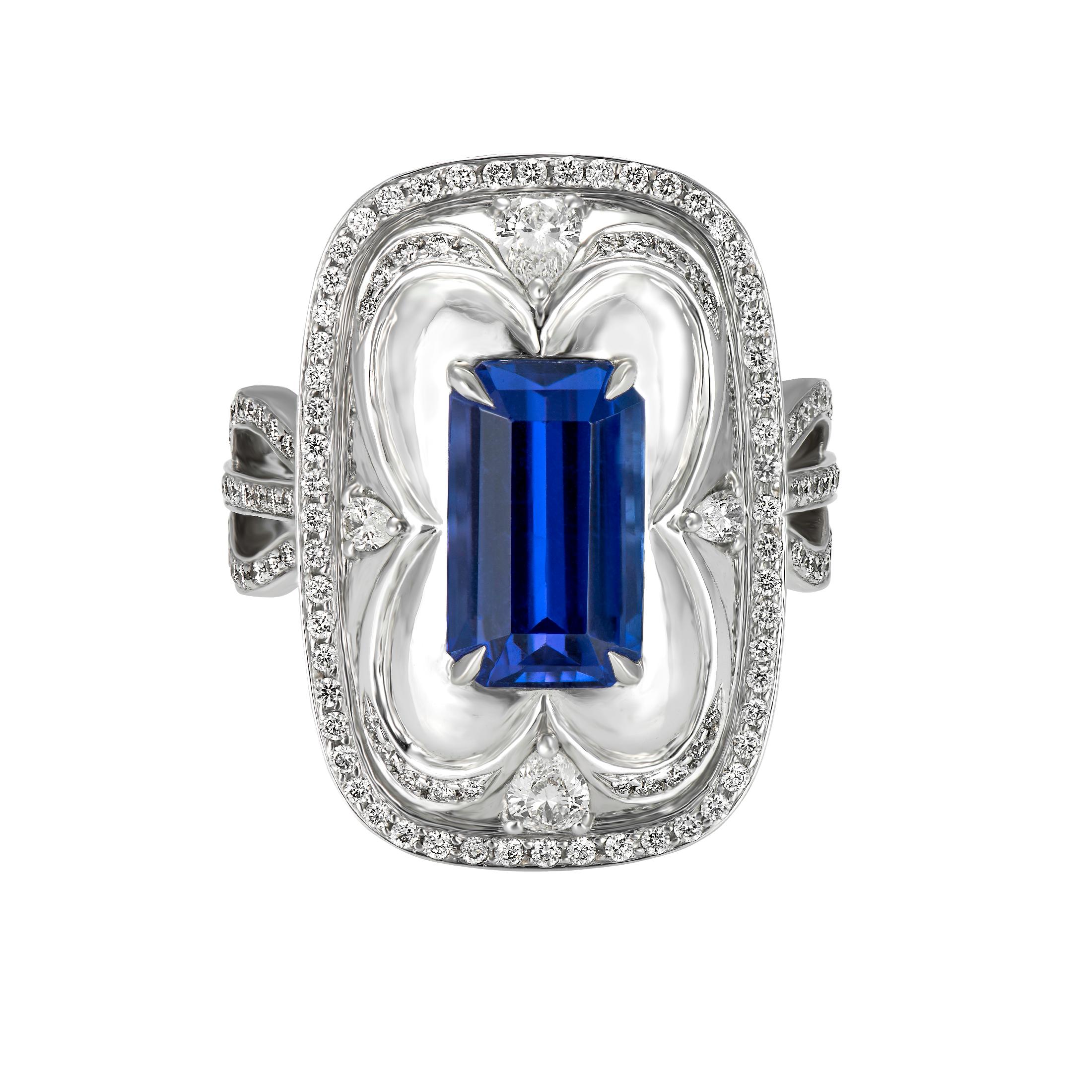 18 Karat white gold Tanzanite and diamond cocktail ring from Laviere's Ultramarine Collection. The ring is set with a perfect  3.36 carat tanzanite and 0.81 carat diamonds. 

Gross Weight of the ring: 13.98  grams. The ring is accompanied by the