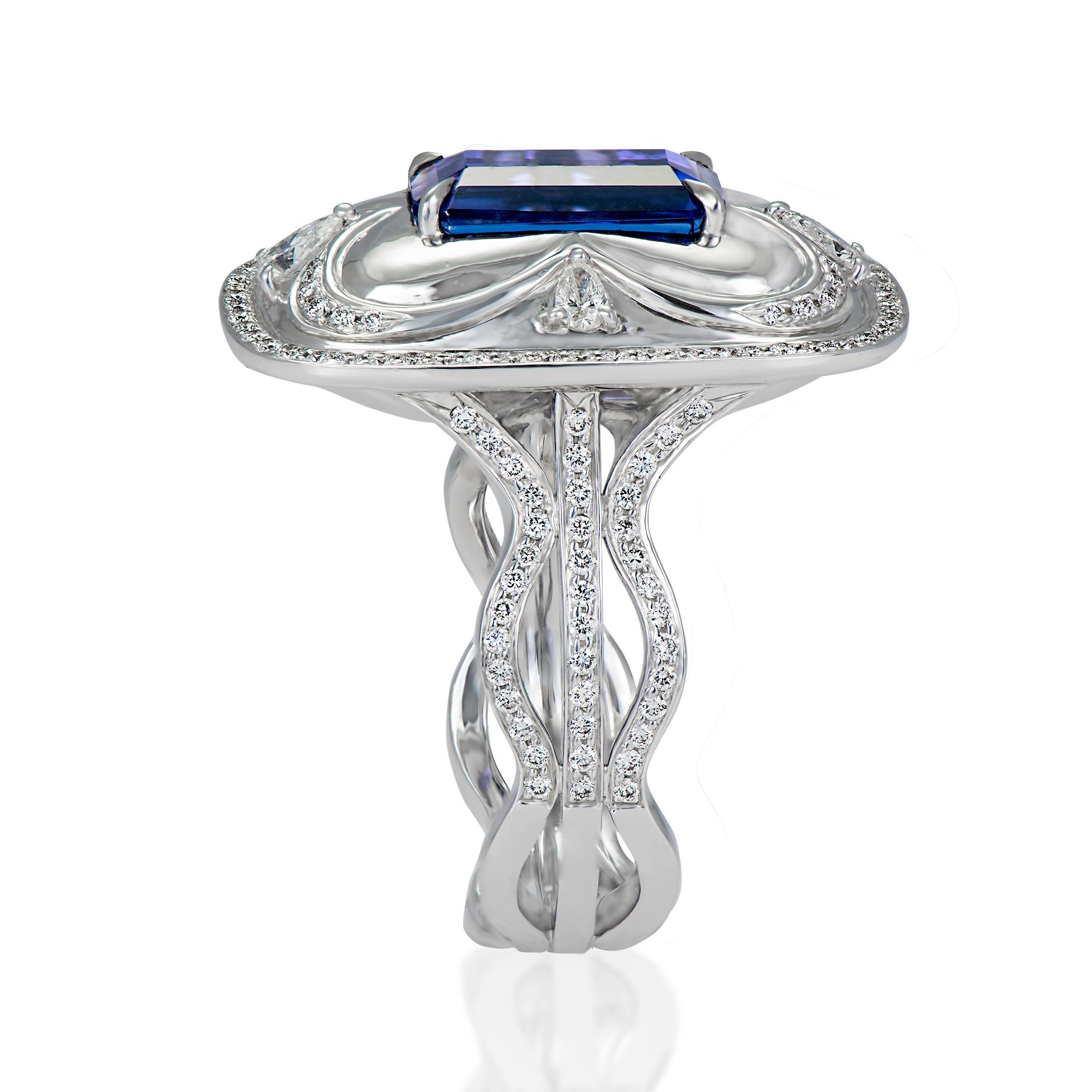 Baguette Cut Diamond and Tanzanite Cocktail Ring For Sale