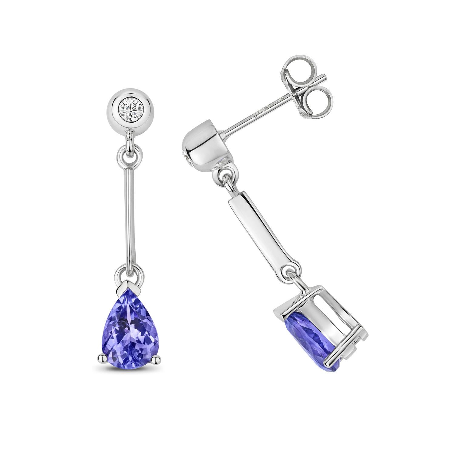 DIAMOND & TANZANITE Earrings PEAR Cut BAR DROPS IN 9CT WHITE GOLD In New Condition For Sale In Ilford, GB