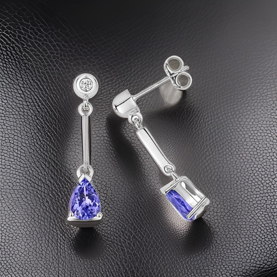 DIAMOND & TANZANITE Earrings PEAR Cut BAR DROPS IN 9CT WHITE GOLD For Sale 1