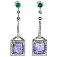 Diamond Tanzanite and Emerald 18 Karat Gold Square Halo Drop Earrings