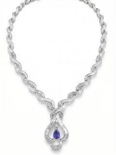 1970s Diamond Platinum Necklace with 10.64ct Diamonds & 2.00ct Tanzanite