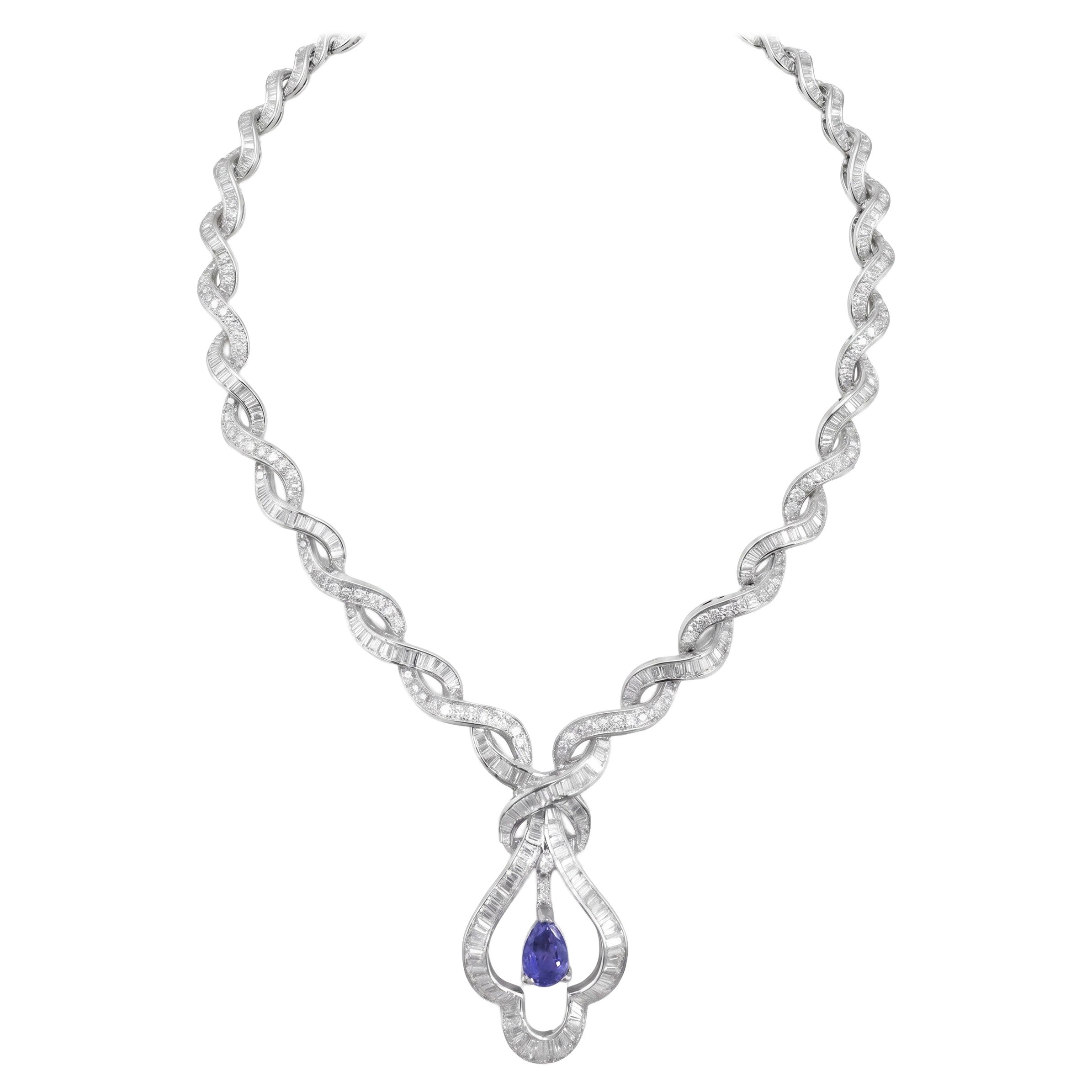 1970s Modernist Platinum Tanzanite & Diamond Necklace, 10.64 Carats
