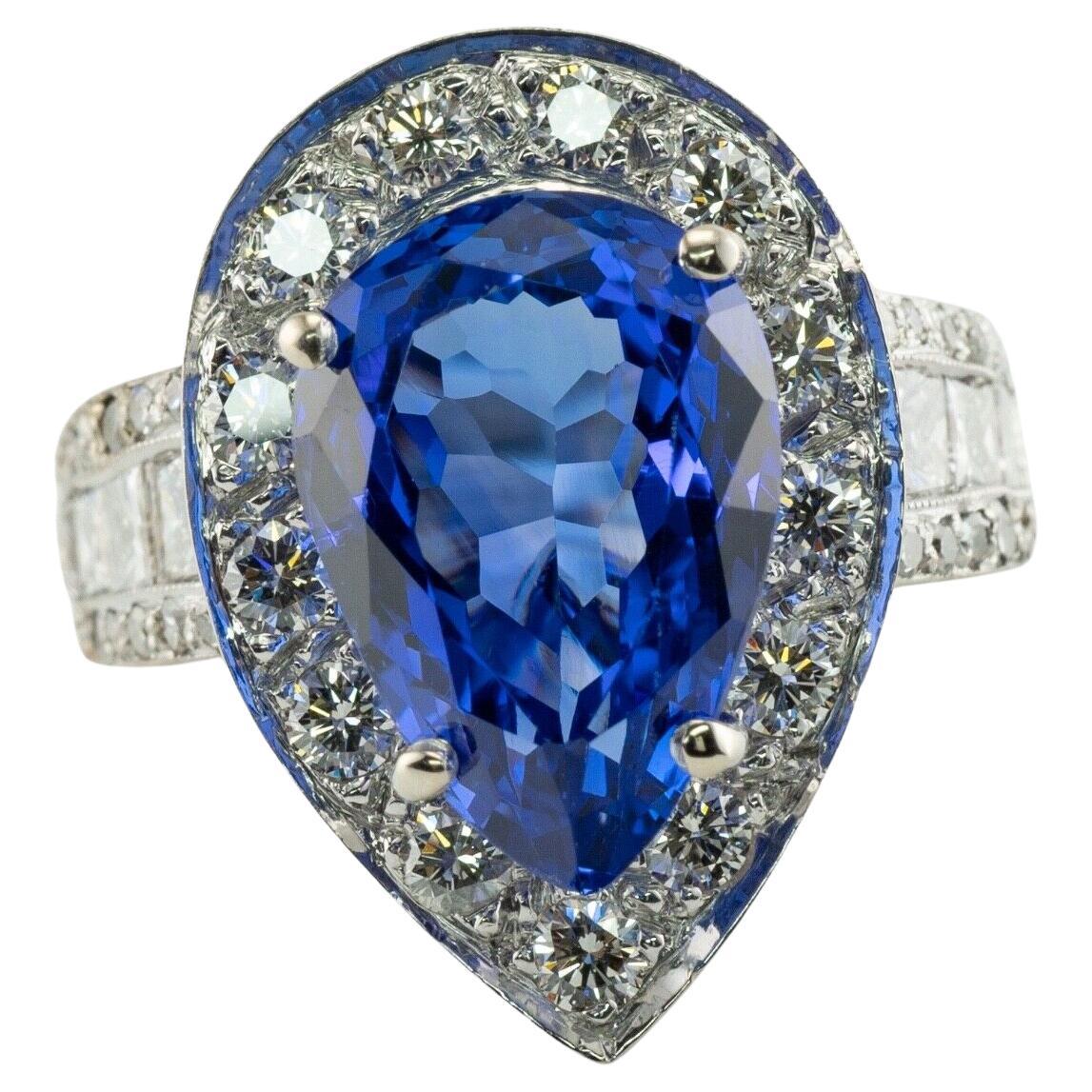 Diamond Tanzanite Ring 7.5cts Pear Cut 18K White Gold For Sale