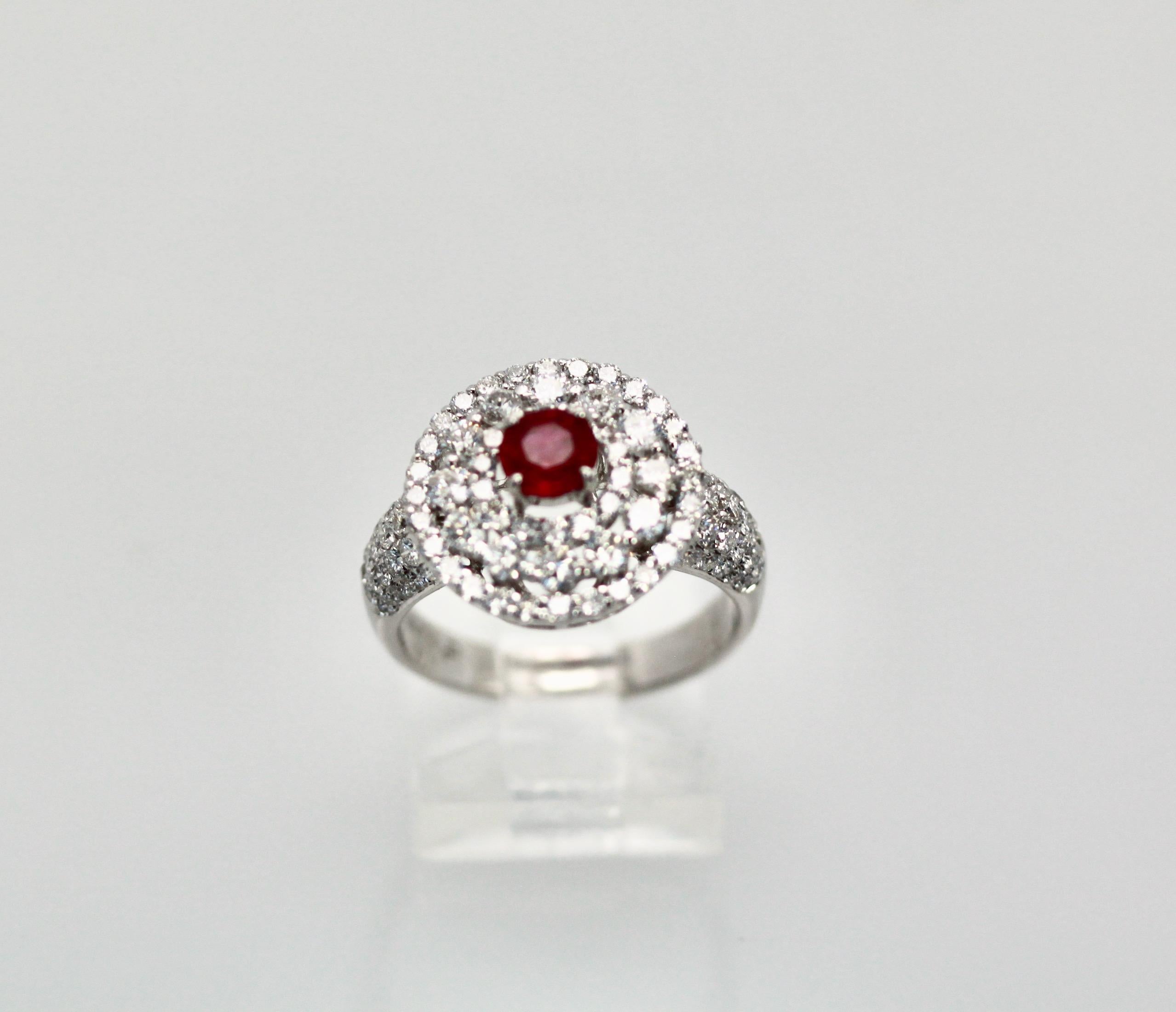 Modernist Diamond Target Ring 2 Carat Ruby Center 18 Karat For Sale