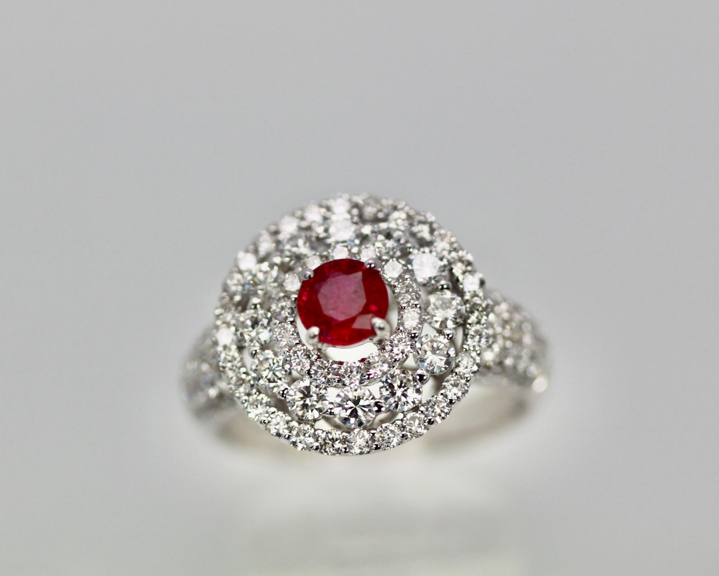 Diamond Target Ring 2 Carat Ruby Center 18 Karat For Sale 1