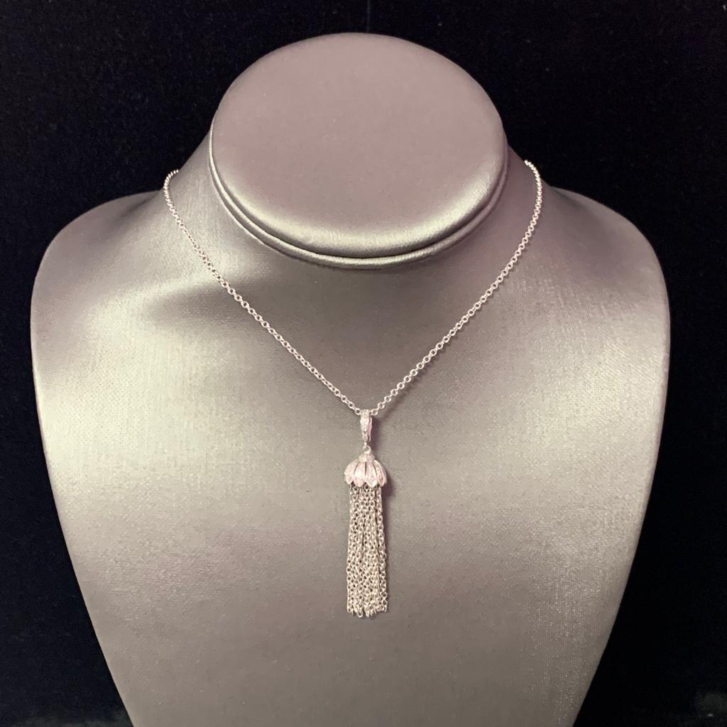 Round Cut Diamond Tassel Pendant Chain Necklace 18k Gold 0.15 TCW Certified For Sale